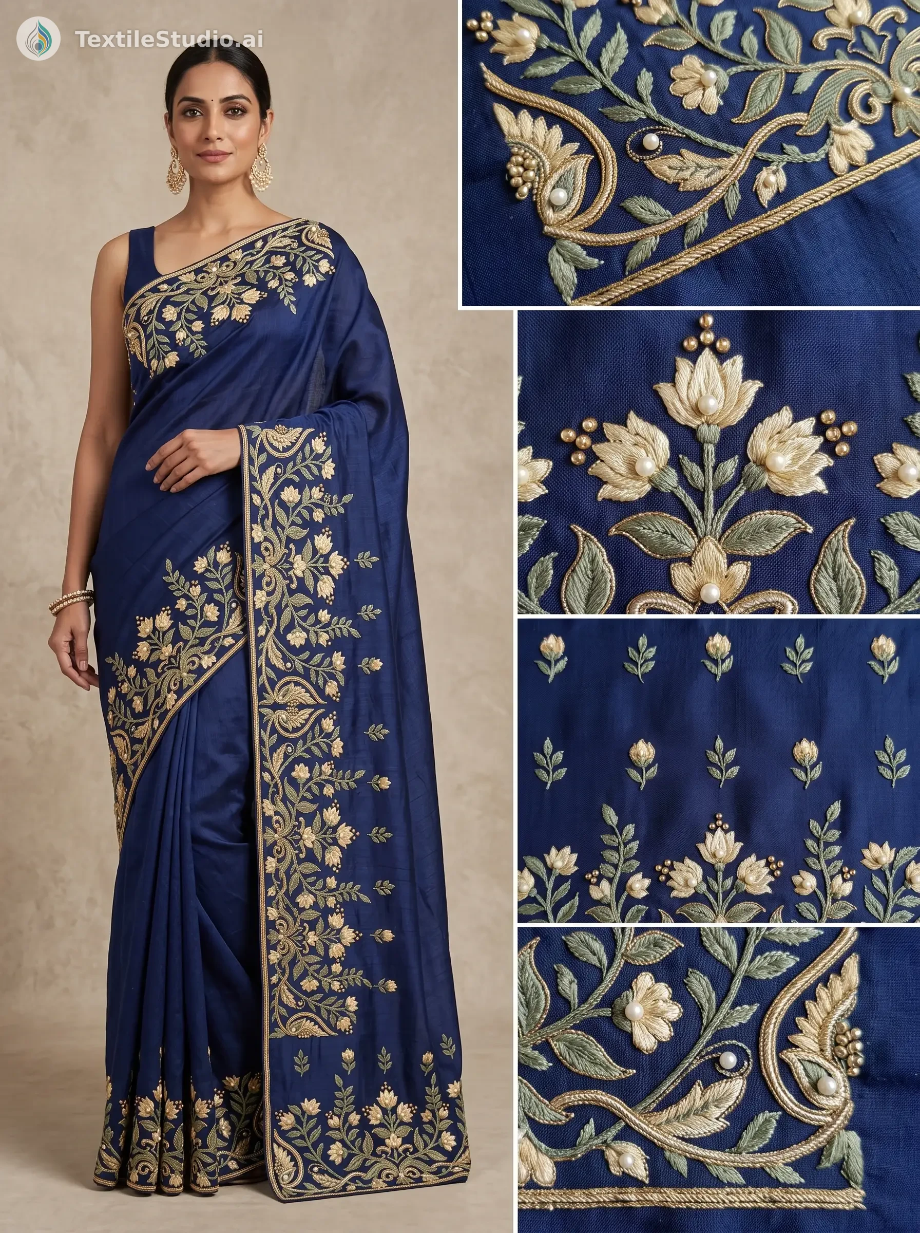 A woman wearing a blue saree with gold floral embroidery and pearl details.