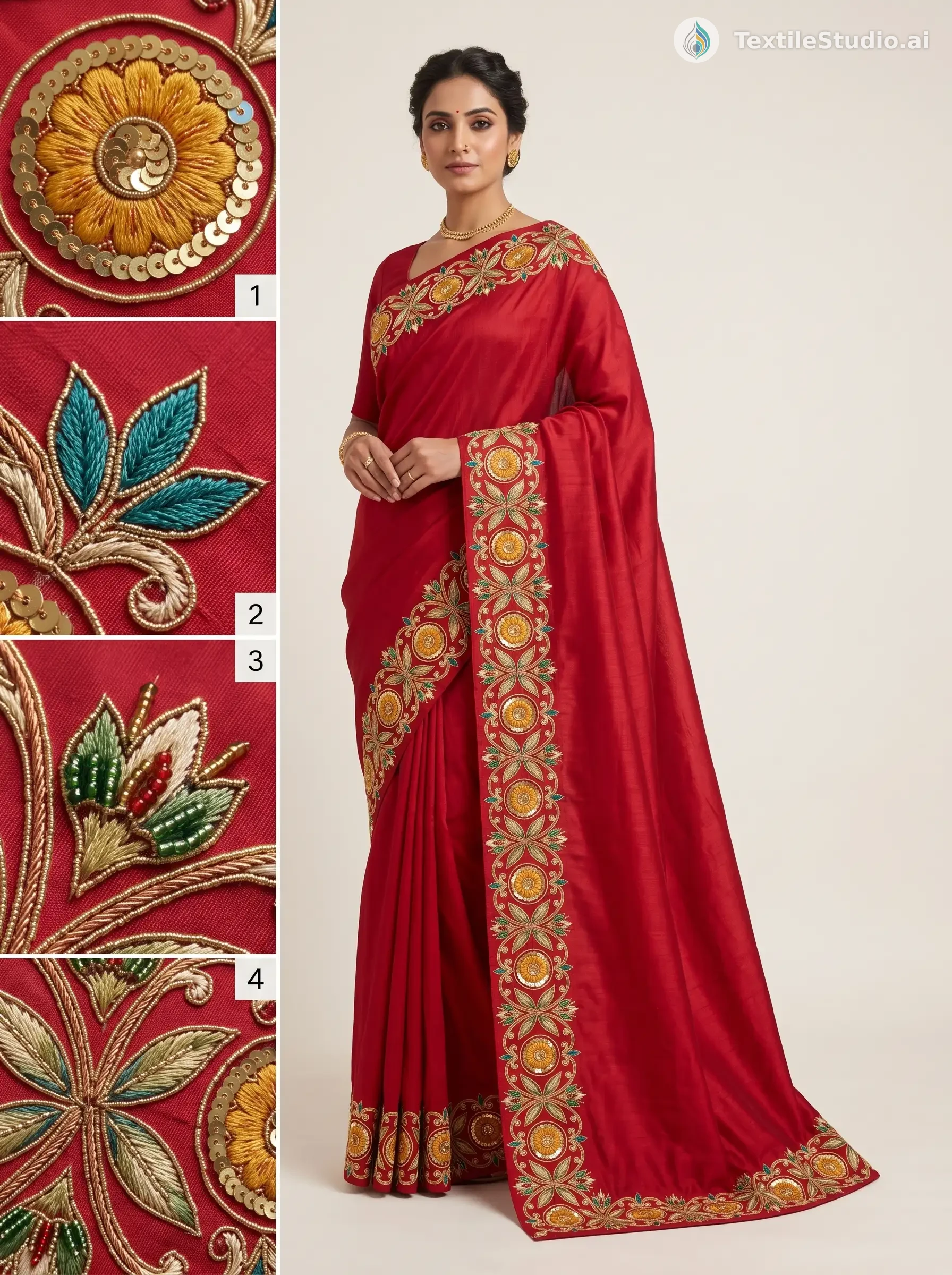 A woman wearing a red silk saree with detailed floral embroidery on the borders.