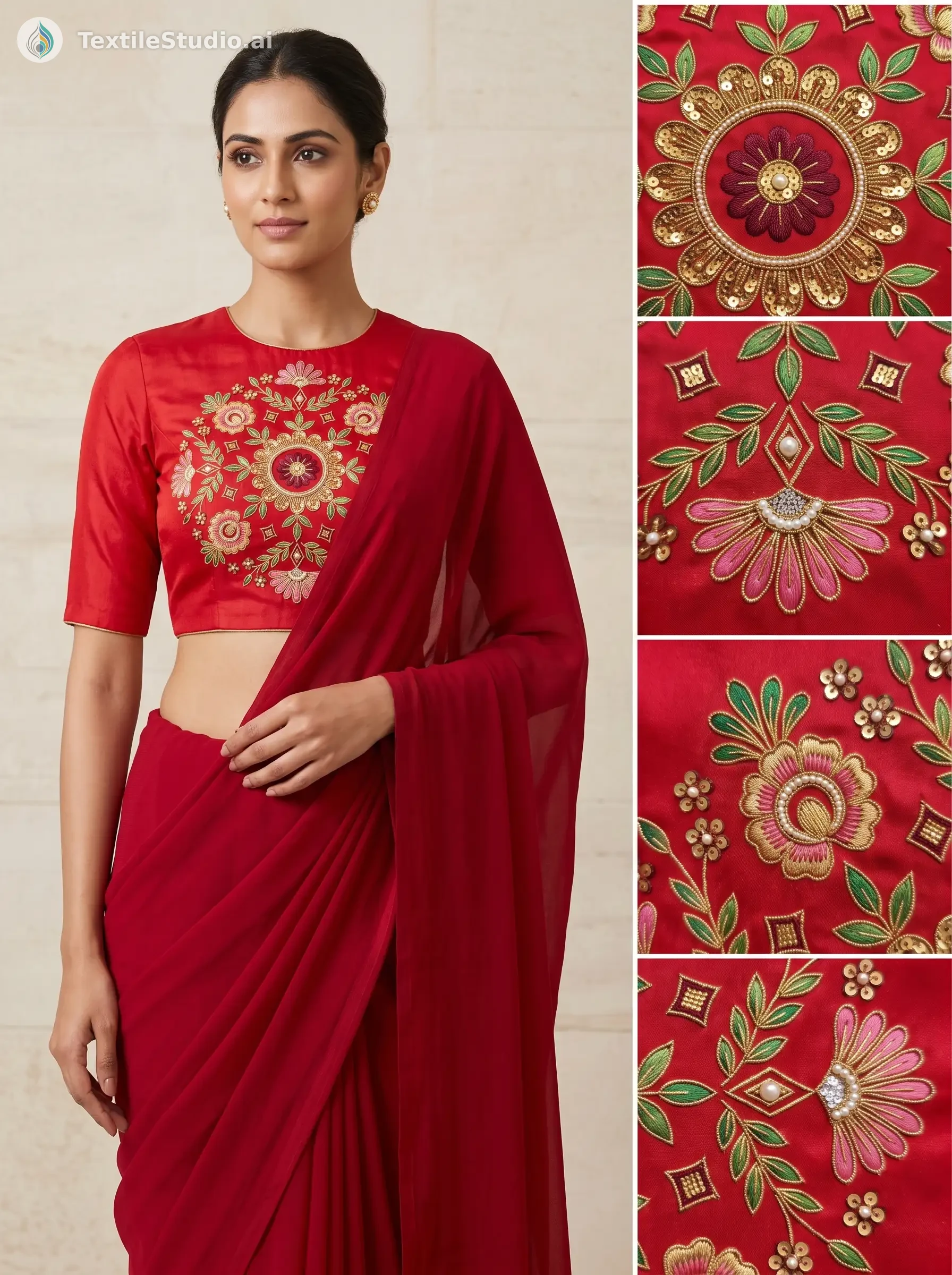 Crimson Silk Blouse with Floral Thread Embroidery