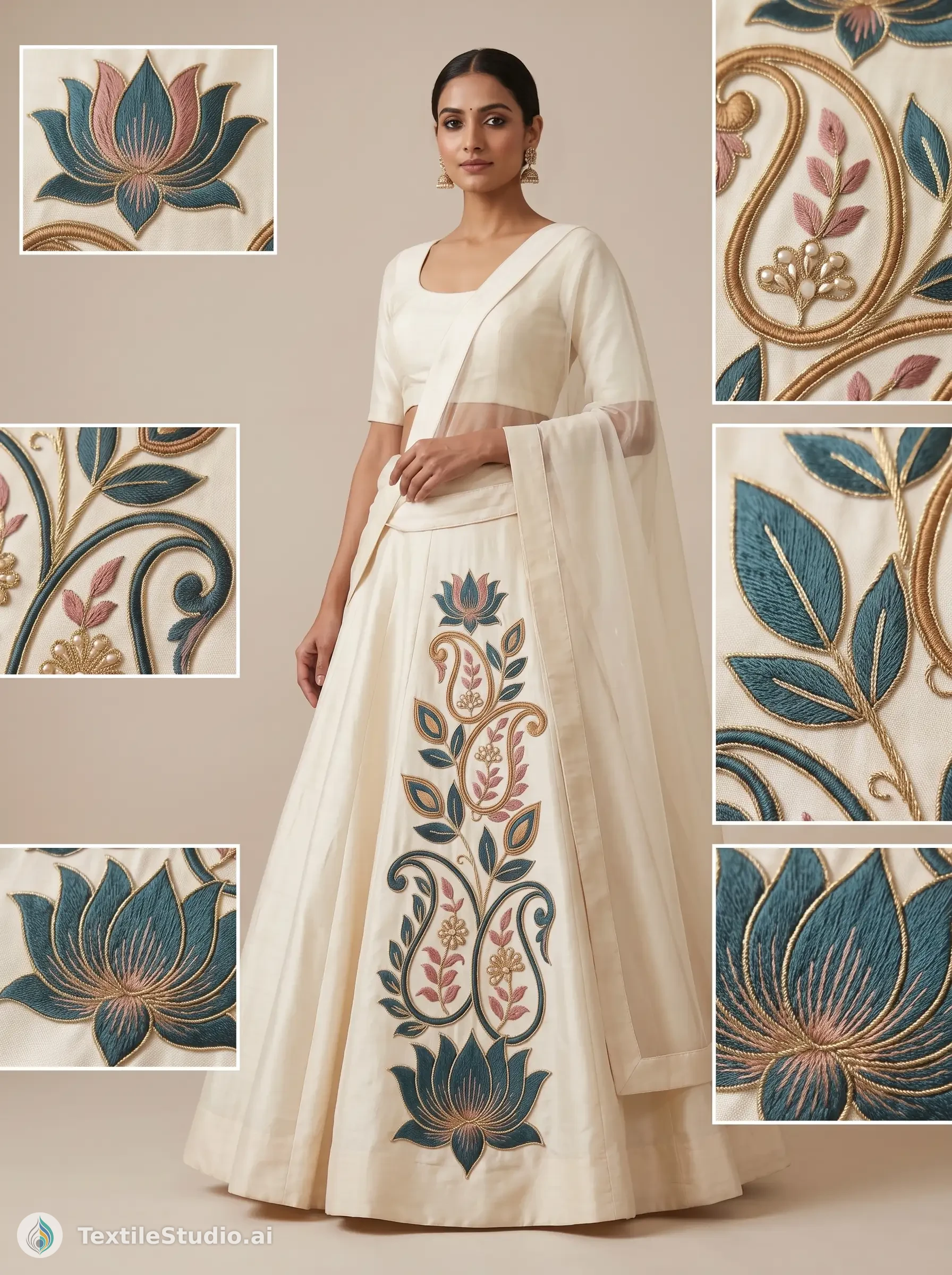Ivory Silk Lehenga with Lotus Thread Embroidery