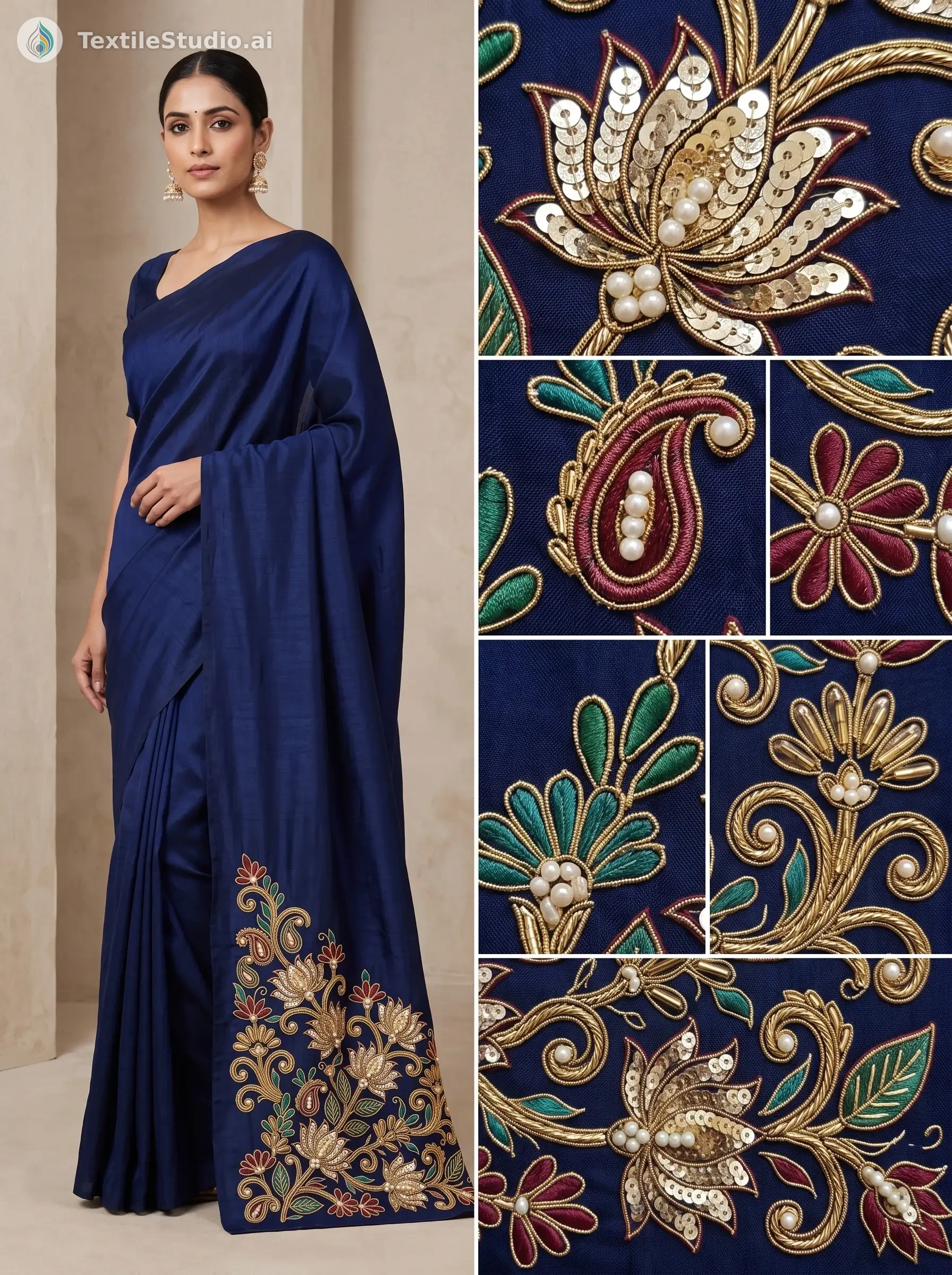 A model wearing a navy silk saree with gold floral embroidery on the corner.