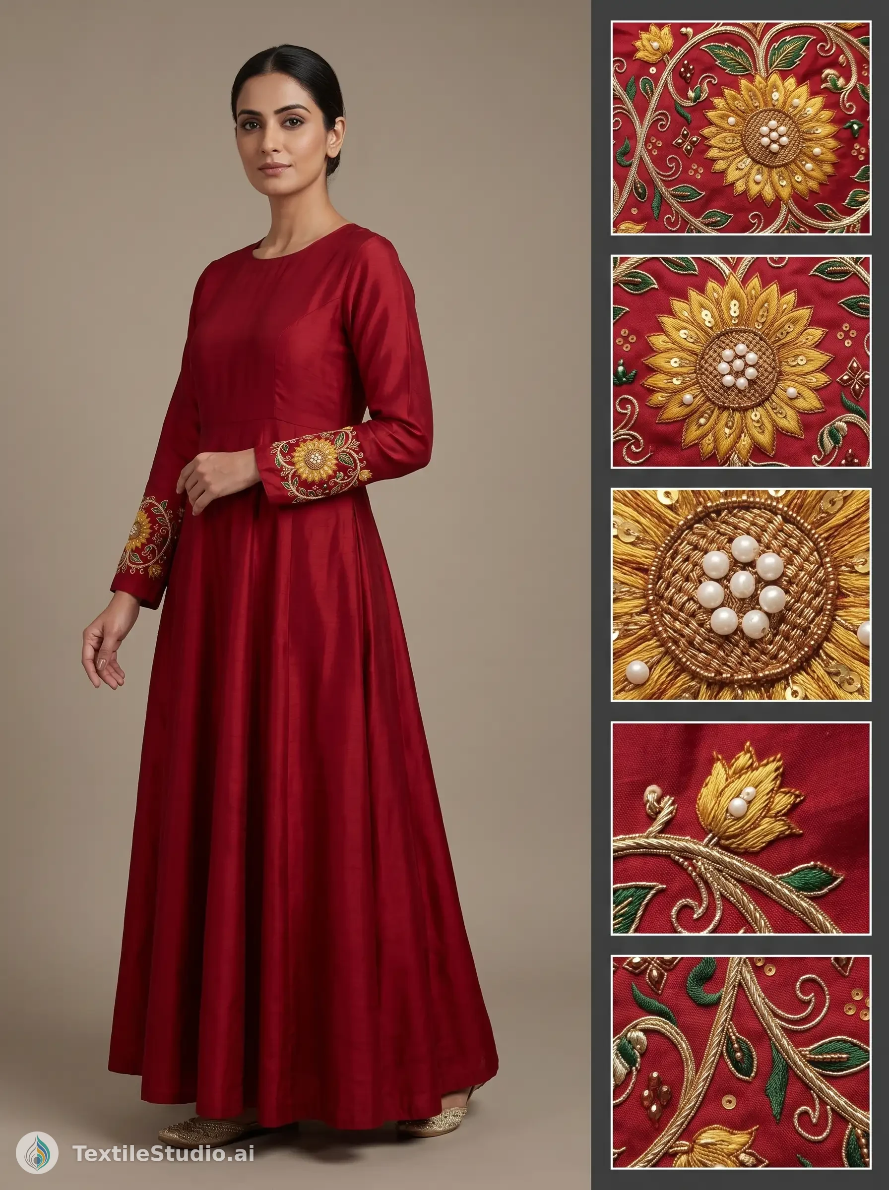A woman in a red Anarkali dress with detailed floral embroidery on the sleeve cuffs.