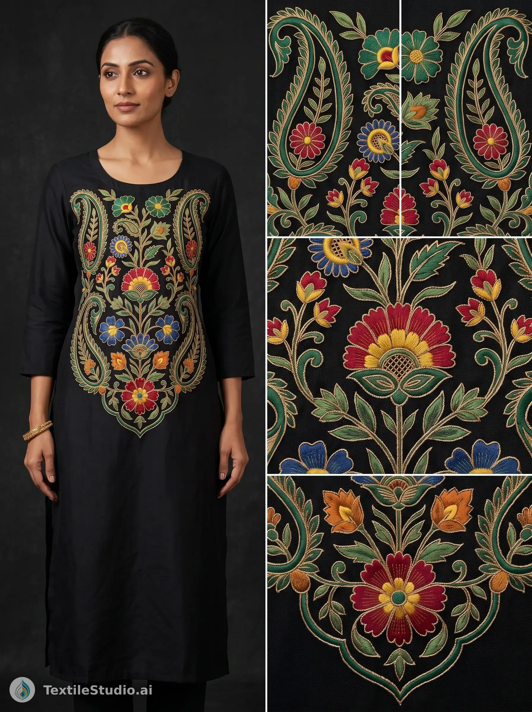 A woman wears a black kurti with colorful embroidered floral patterns on the front panel.