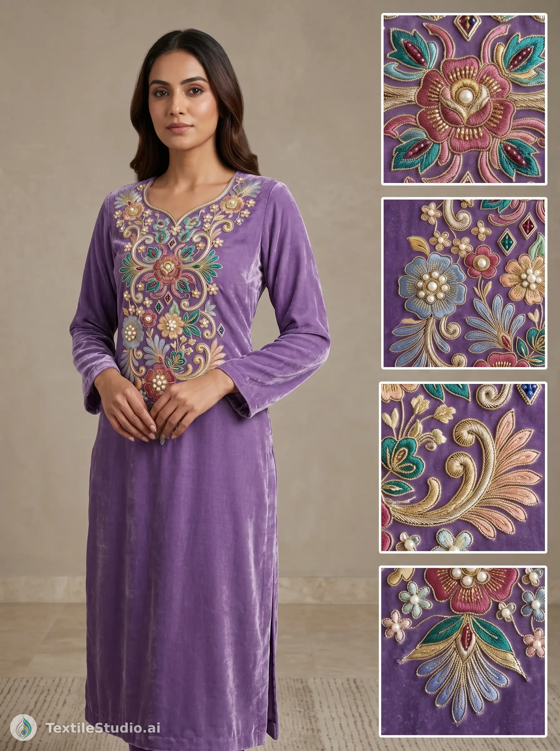 A woman wears a lavender velvet kurti featuring detailed floral embroidery on the front panel.