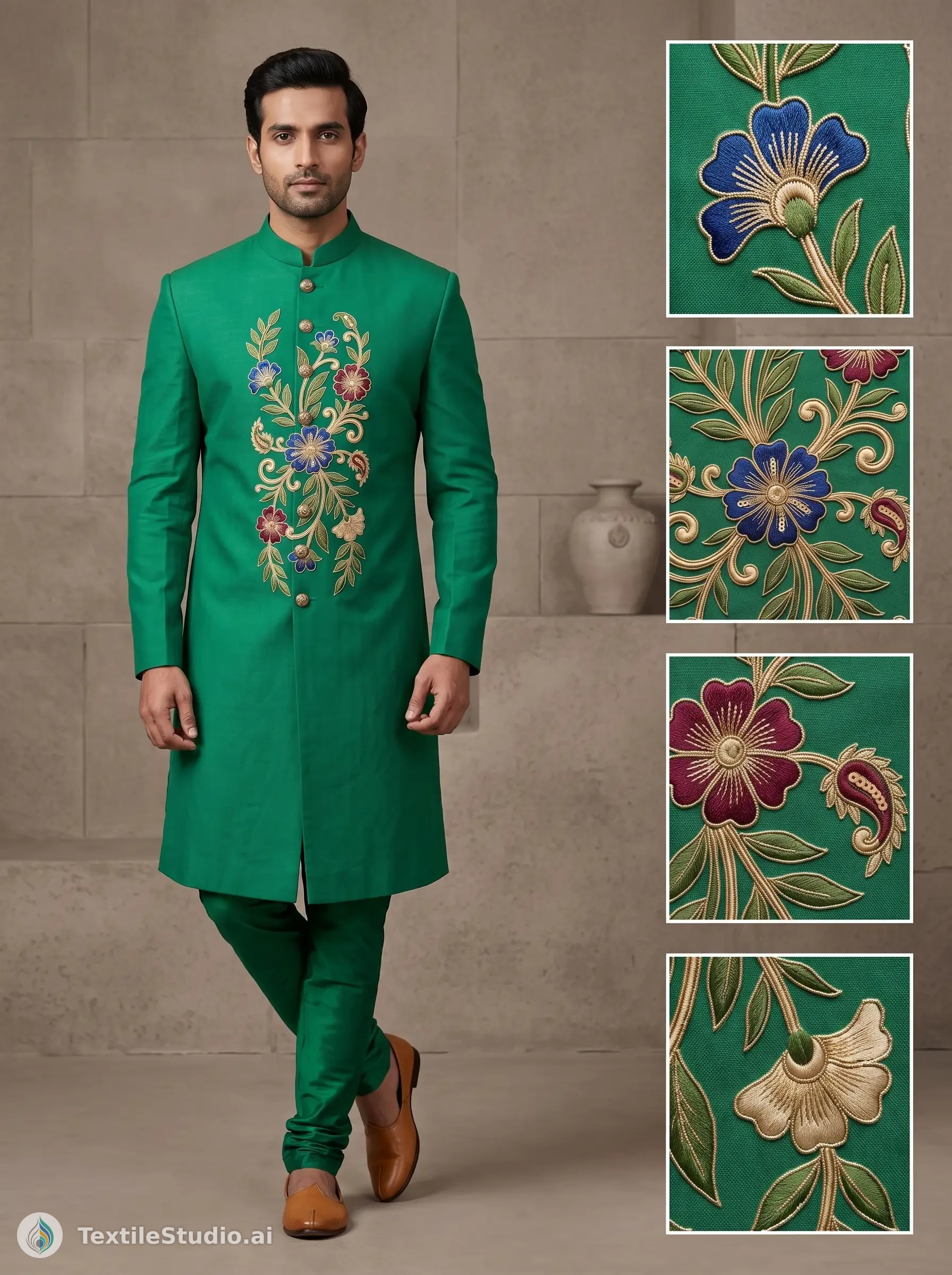 Emerald Sherwani with Jari Dori Floral Design