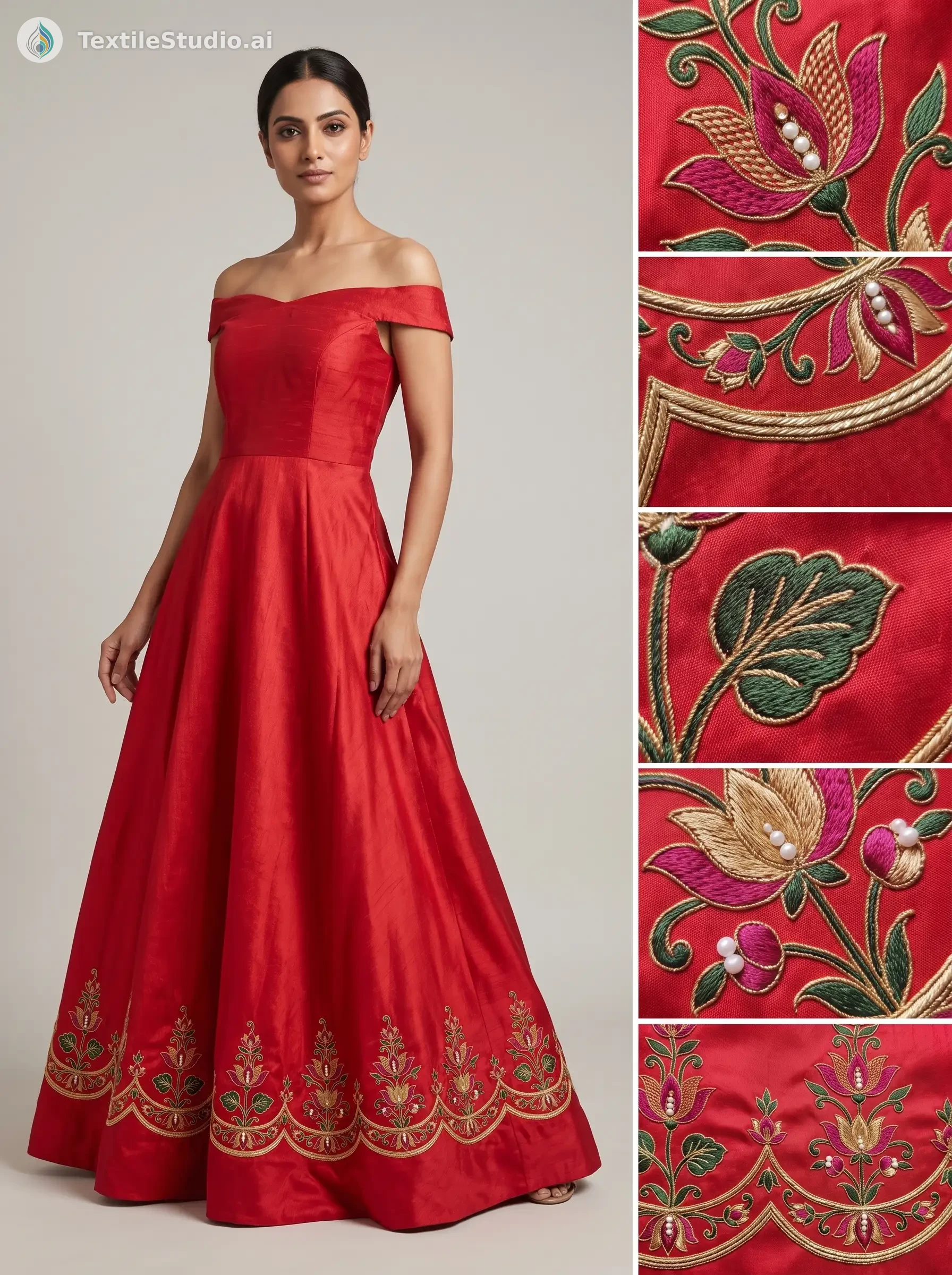 A woman in a crimson off-shoulder gown with intricate floral embroidery along the bottom.