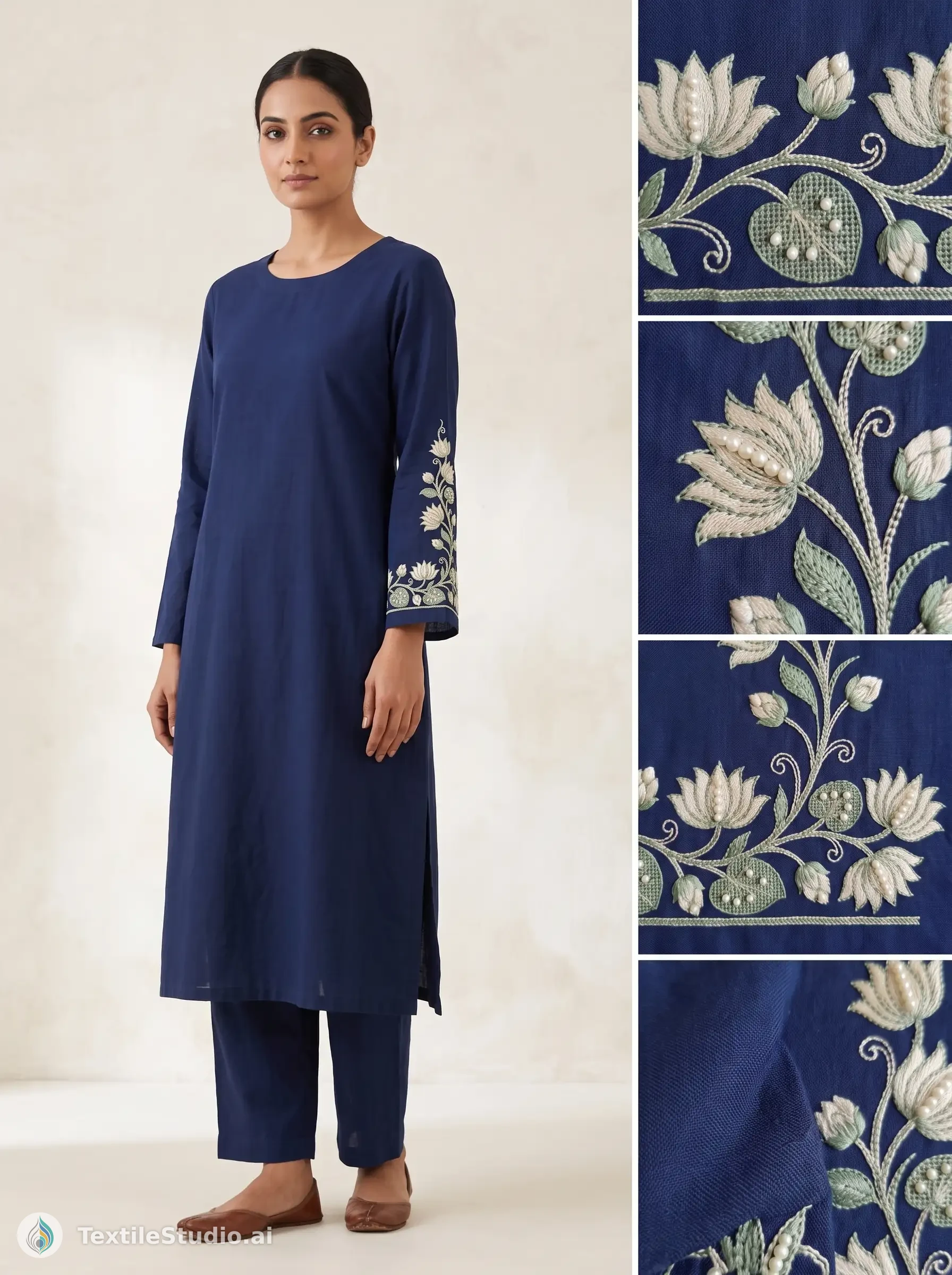 Navy Kurta with Ivory Floral Pearl Embroidery