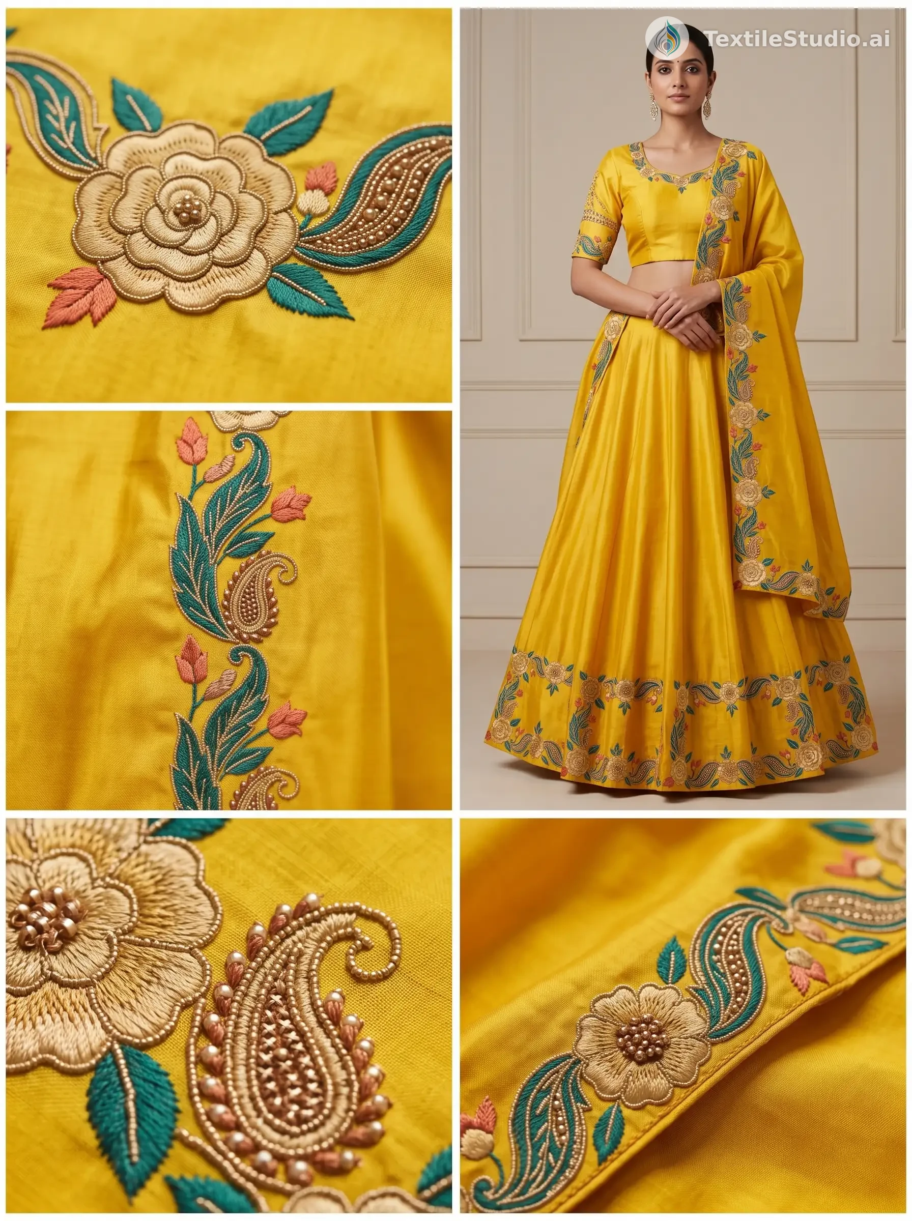 A woman wearing a bright yellow silk lehenga with floral and paisley embroidery details.