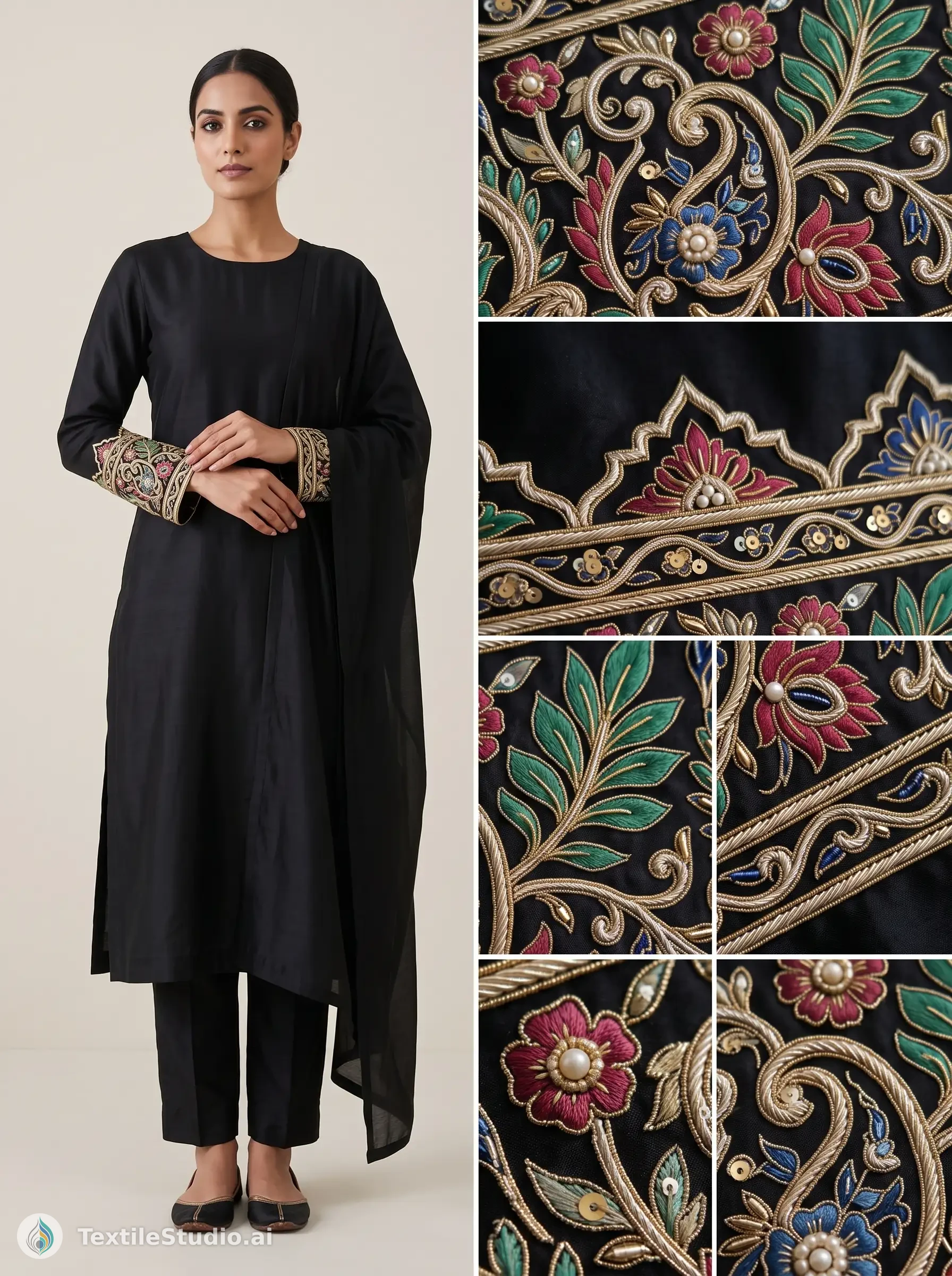 A woman wears a black kurta with intricate floral embroidery on the sleeve cuffs.