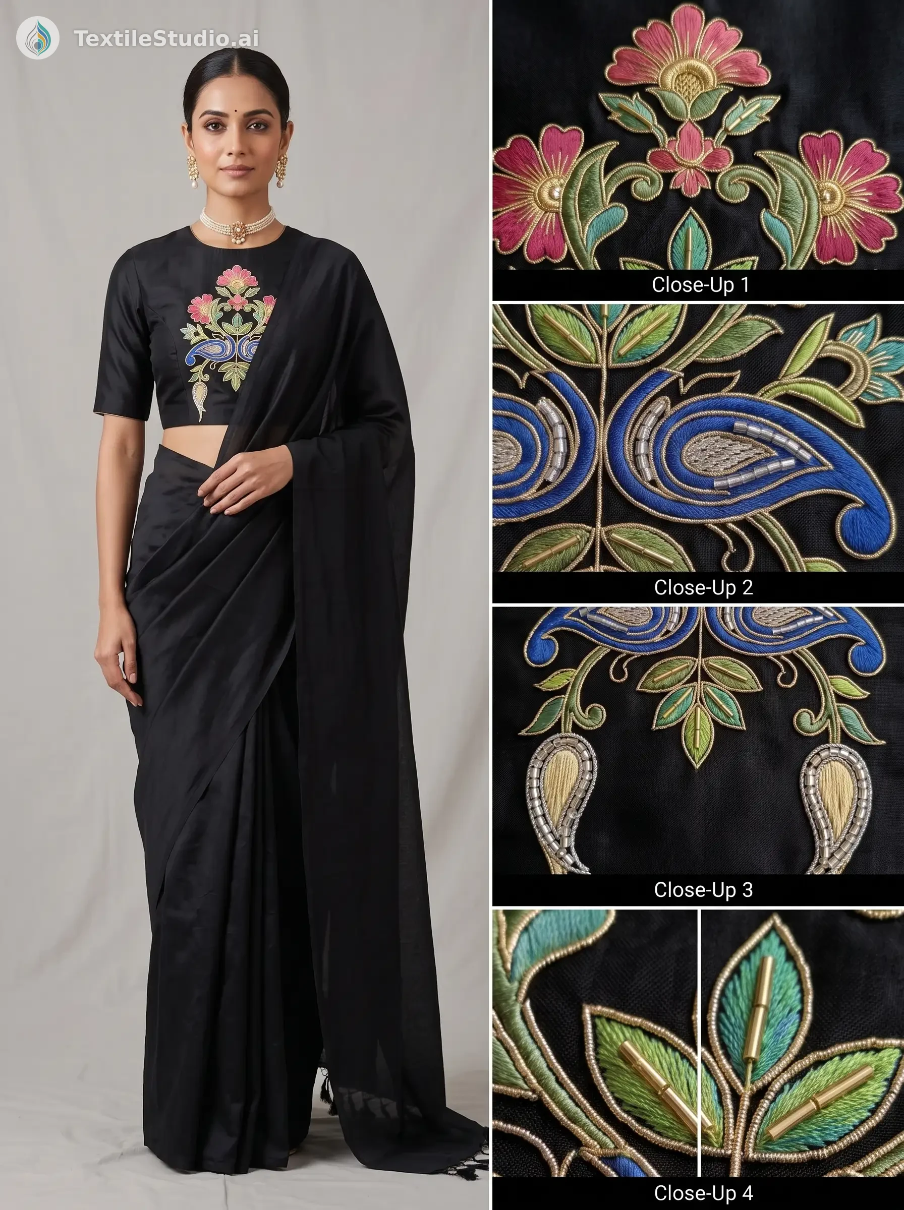 Black Silk Saree with Floral Jari Dori Threads
