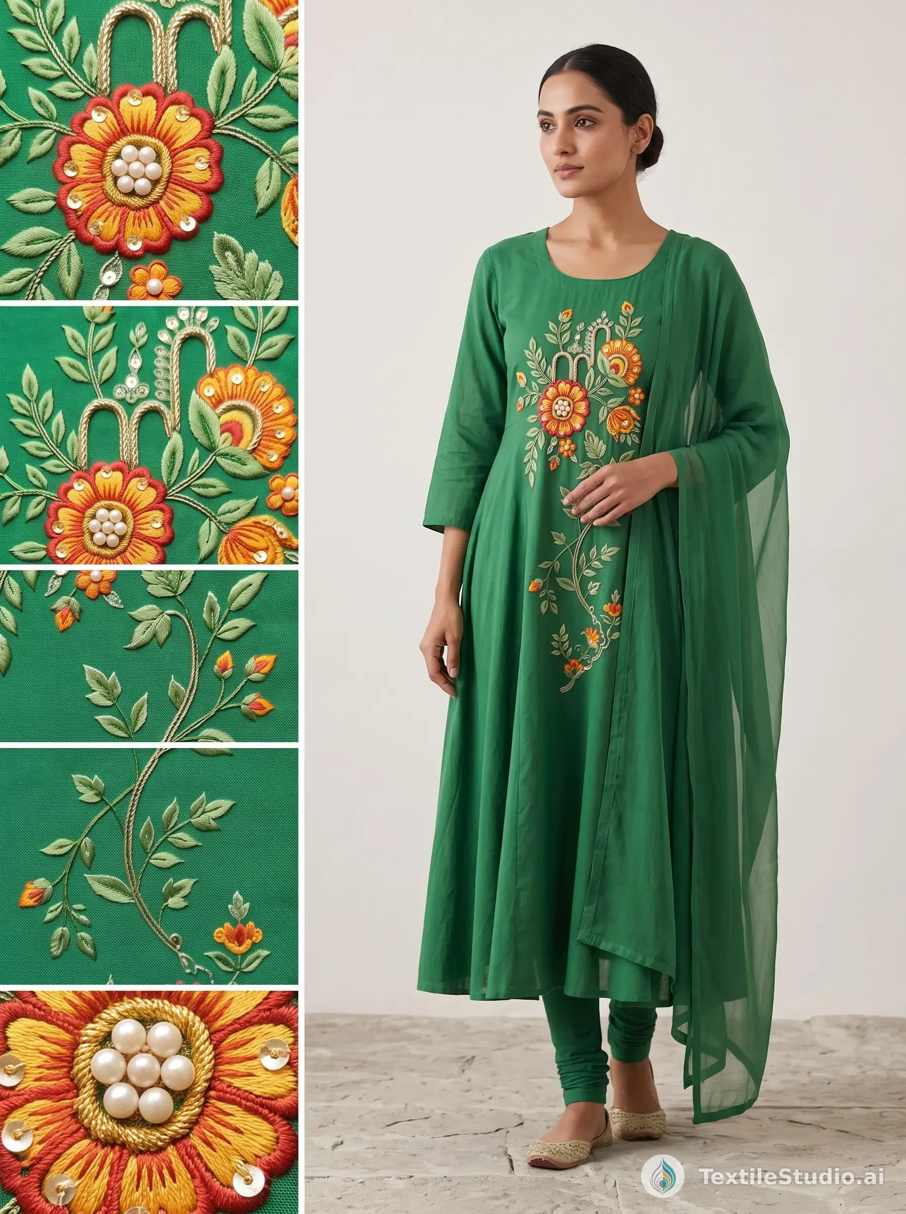 A woman in a green Anarkali with floral embroidery, pearls, and sequins.