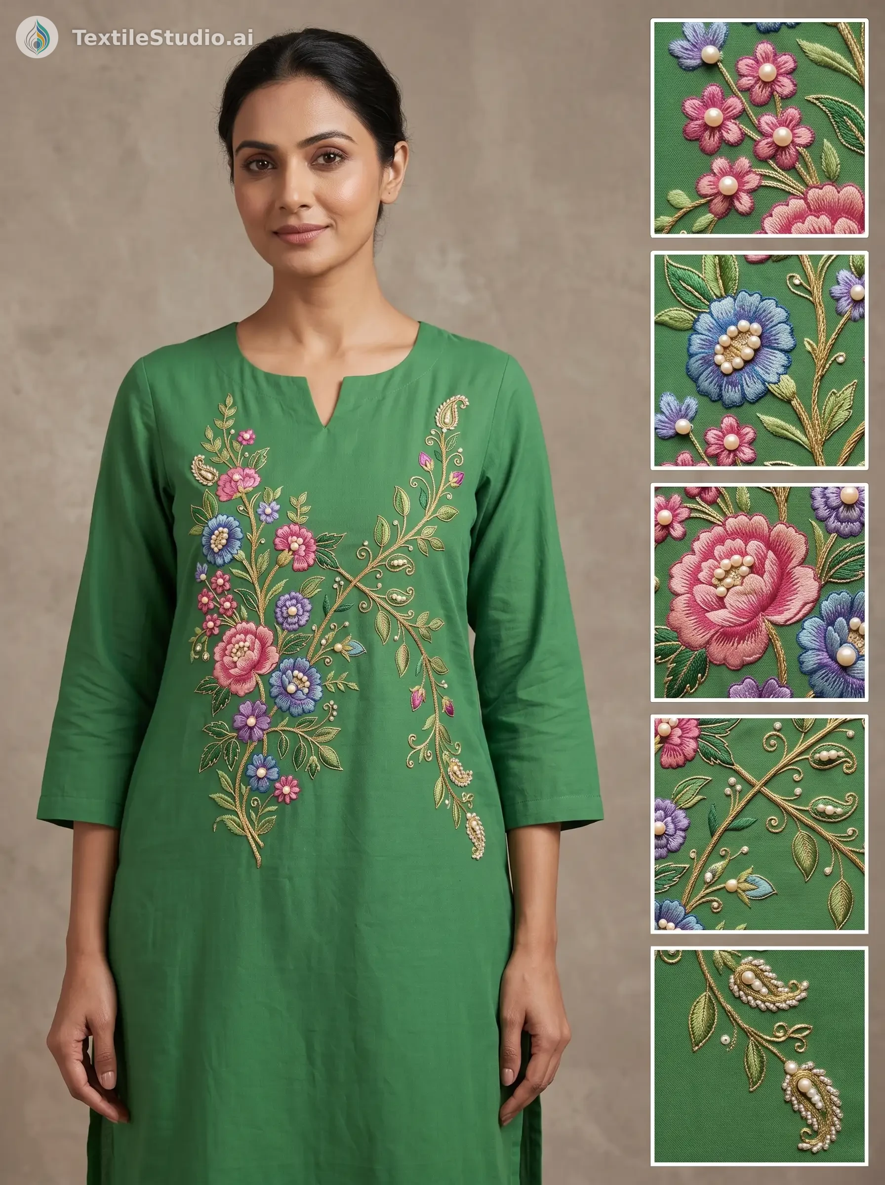 A woman wearing a green kurta with colorful floral embroidery on the front.