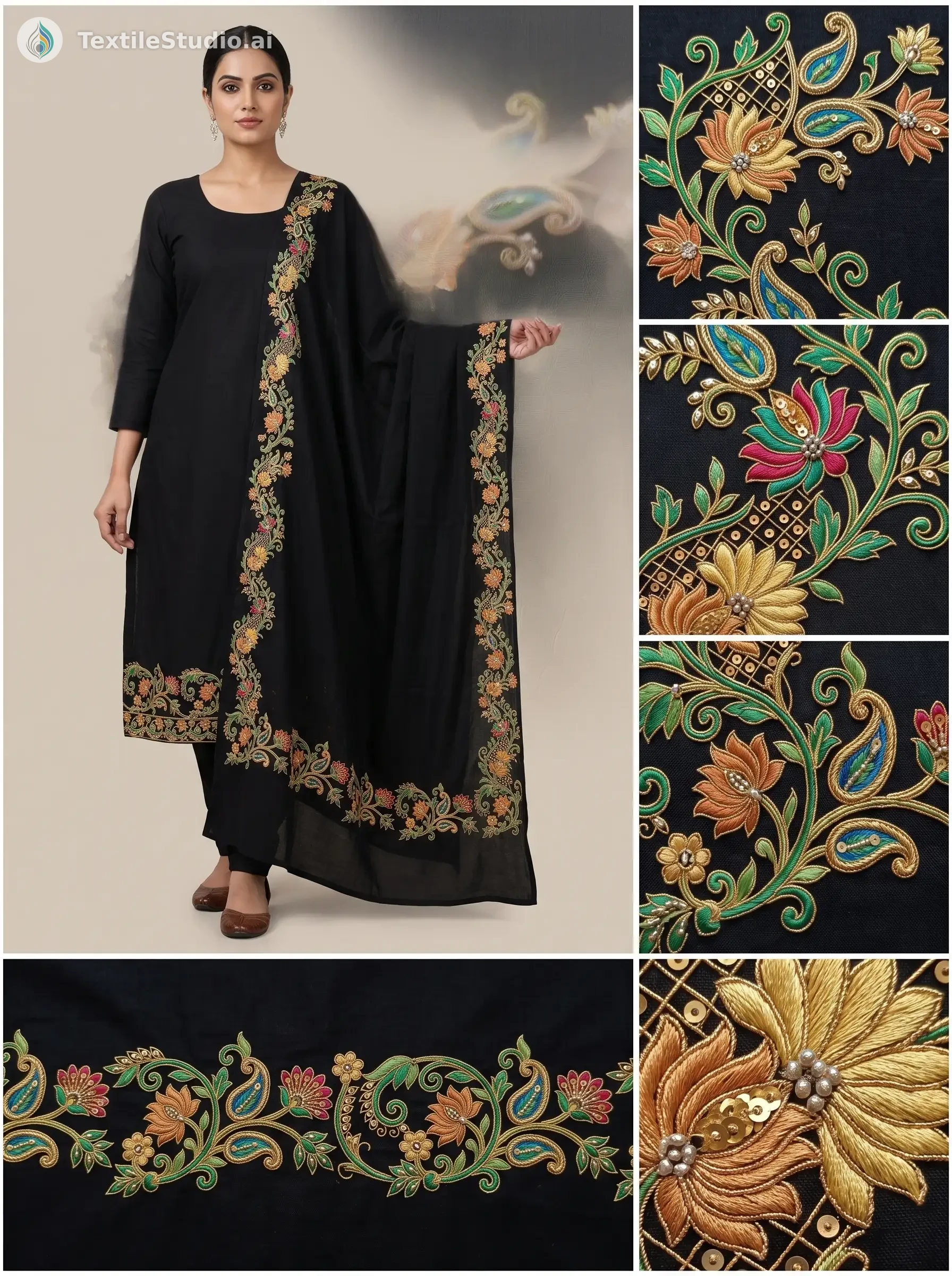 A woman wearing a black kurta with floral embroidered border and matching dupatta.
