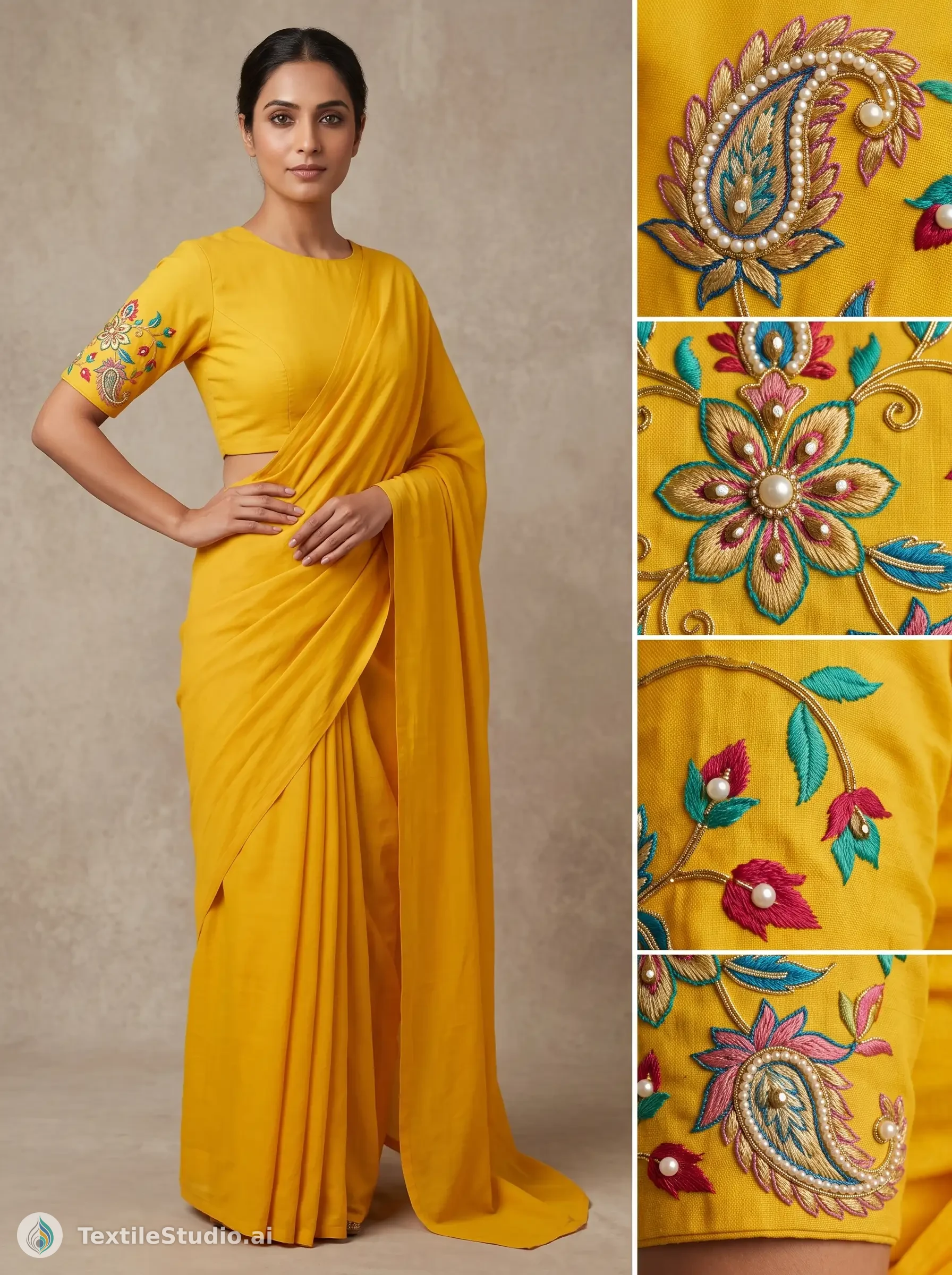 A model wearing a yellow sari and embroidered blouse, alongside close-ups of floral and paisley embroidery details.