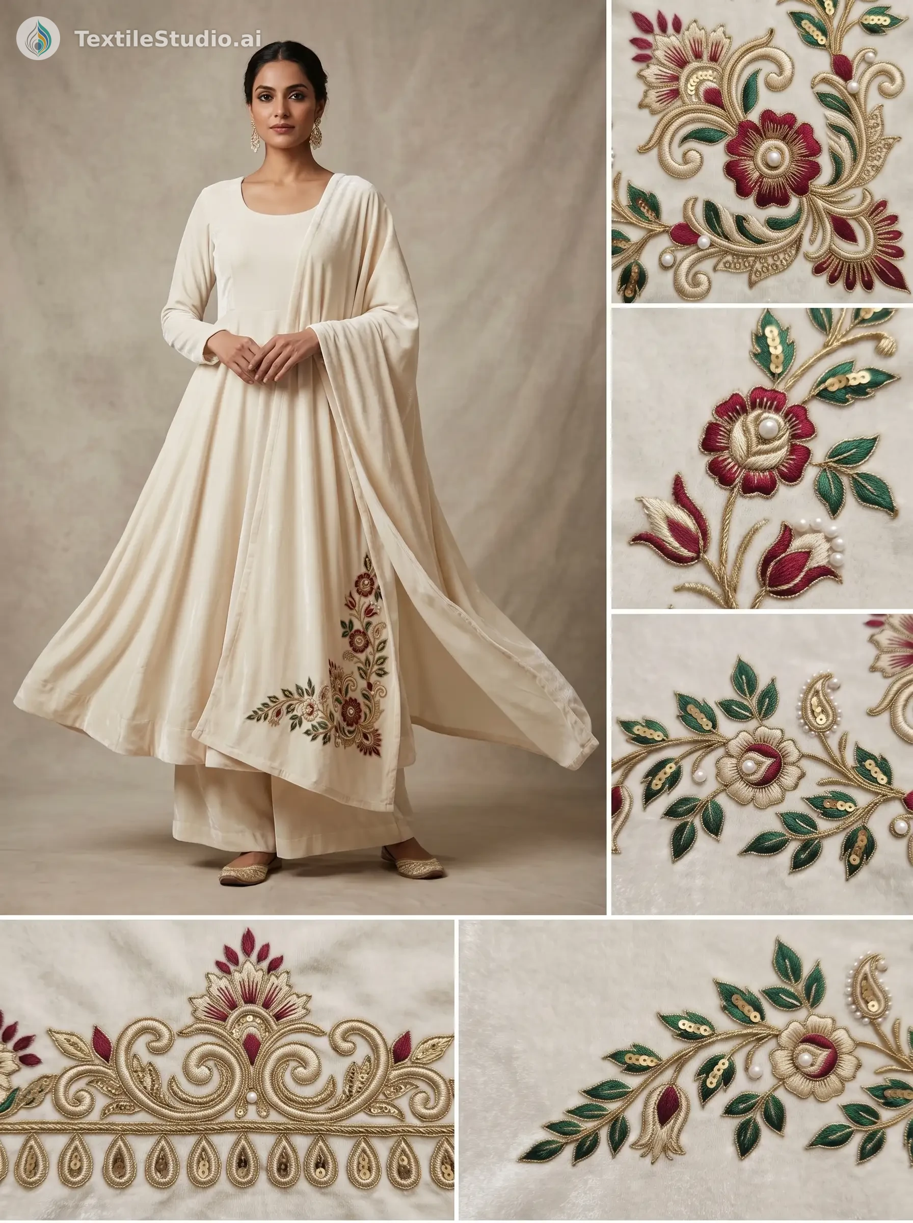 Ivory Dupatta with Velvet Jari Dori Florals