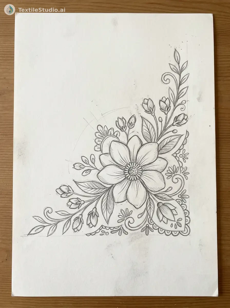 Ivory Velvet Saree with Floral Jari Dori Embroidery — The original sketch