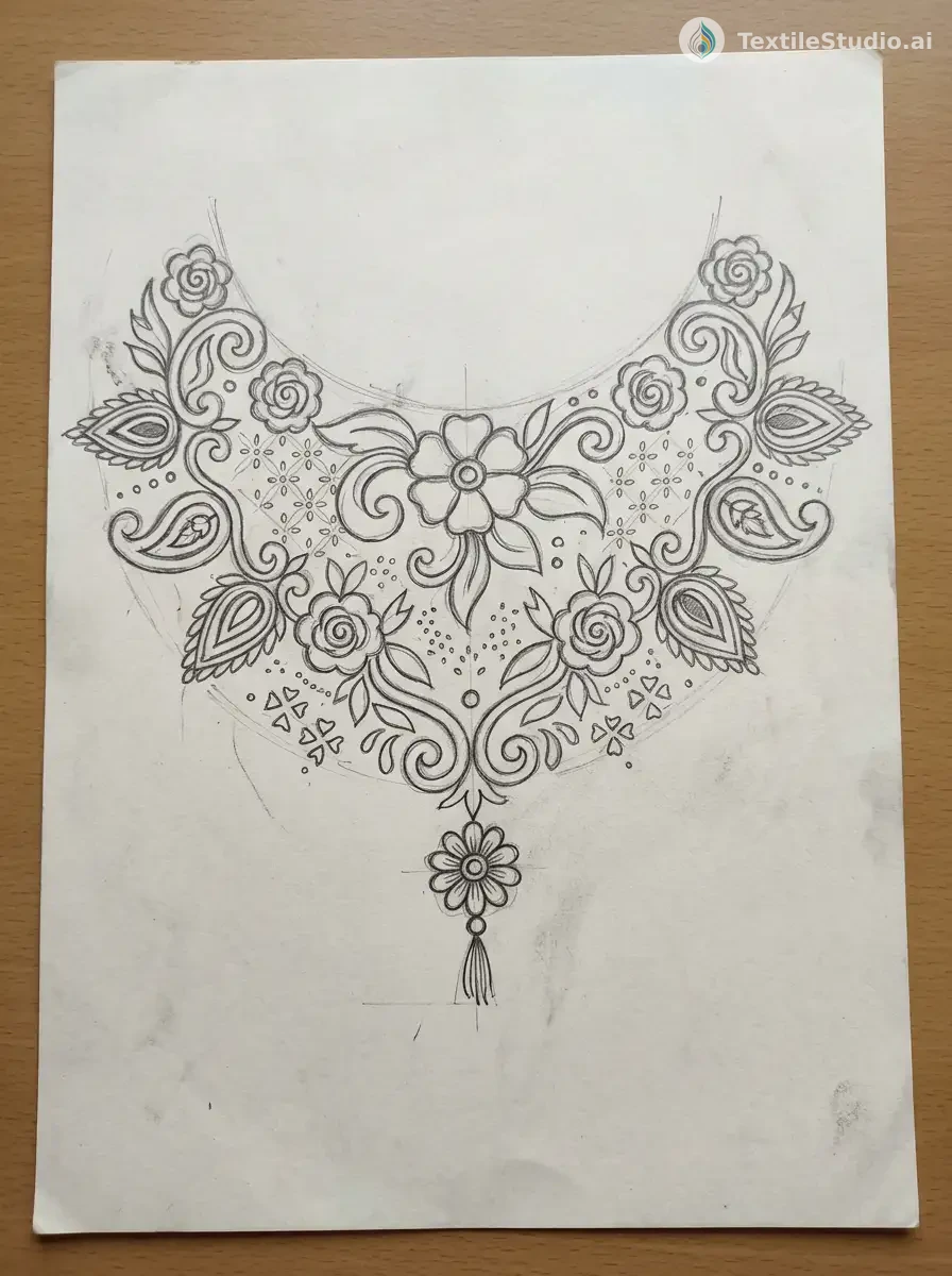 Velvet Kurti with Floral Jari Dori Embroidery — The original sketch