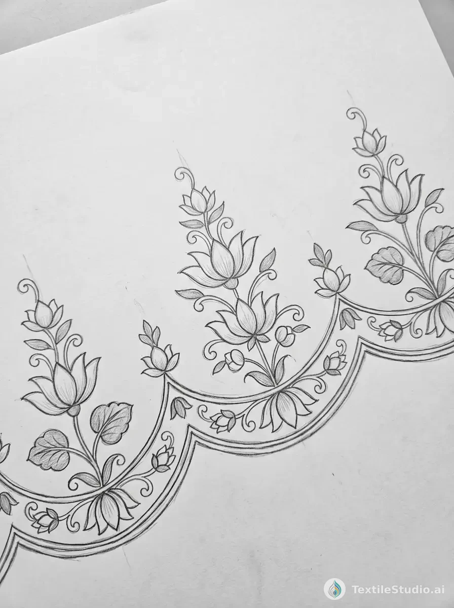 Crimson Off-Shoulder Gown with Jari Dori Border Embroidery — The original sketch