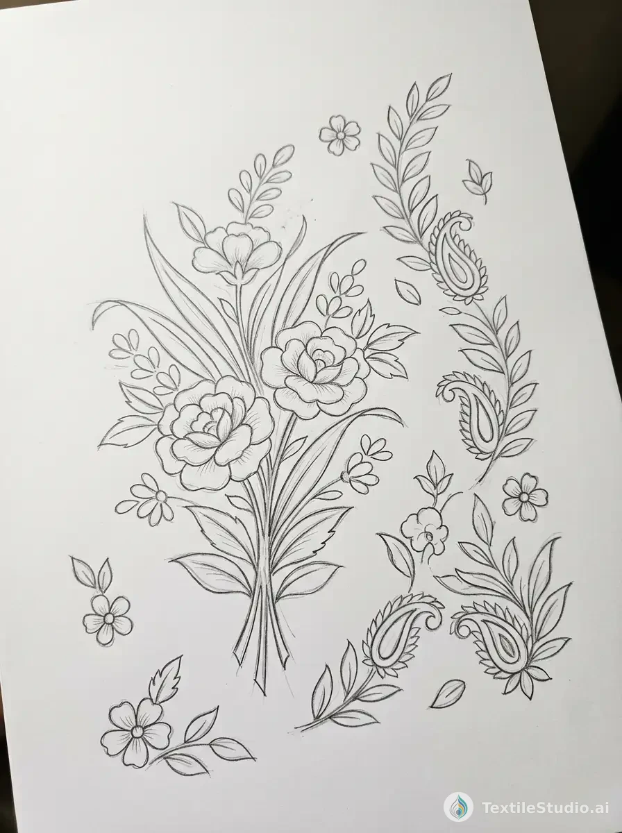 Velvet Saree with Jari Dori and Pearl Embroidery — The original sketch