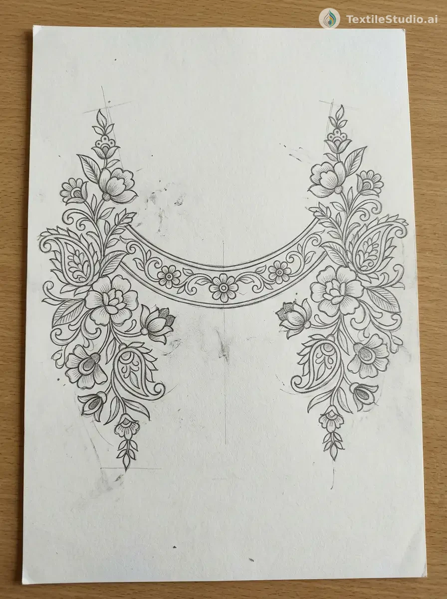 Black Silk Anarkali with Gold Jari Dori Embroidery — The original sketch