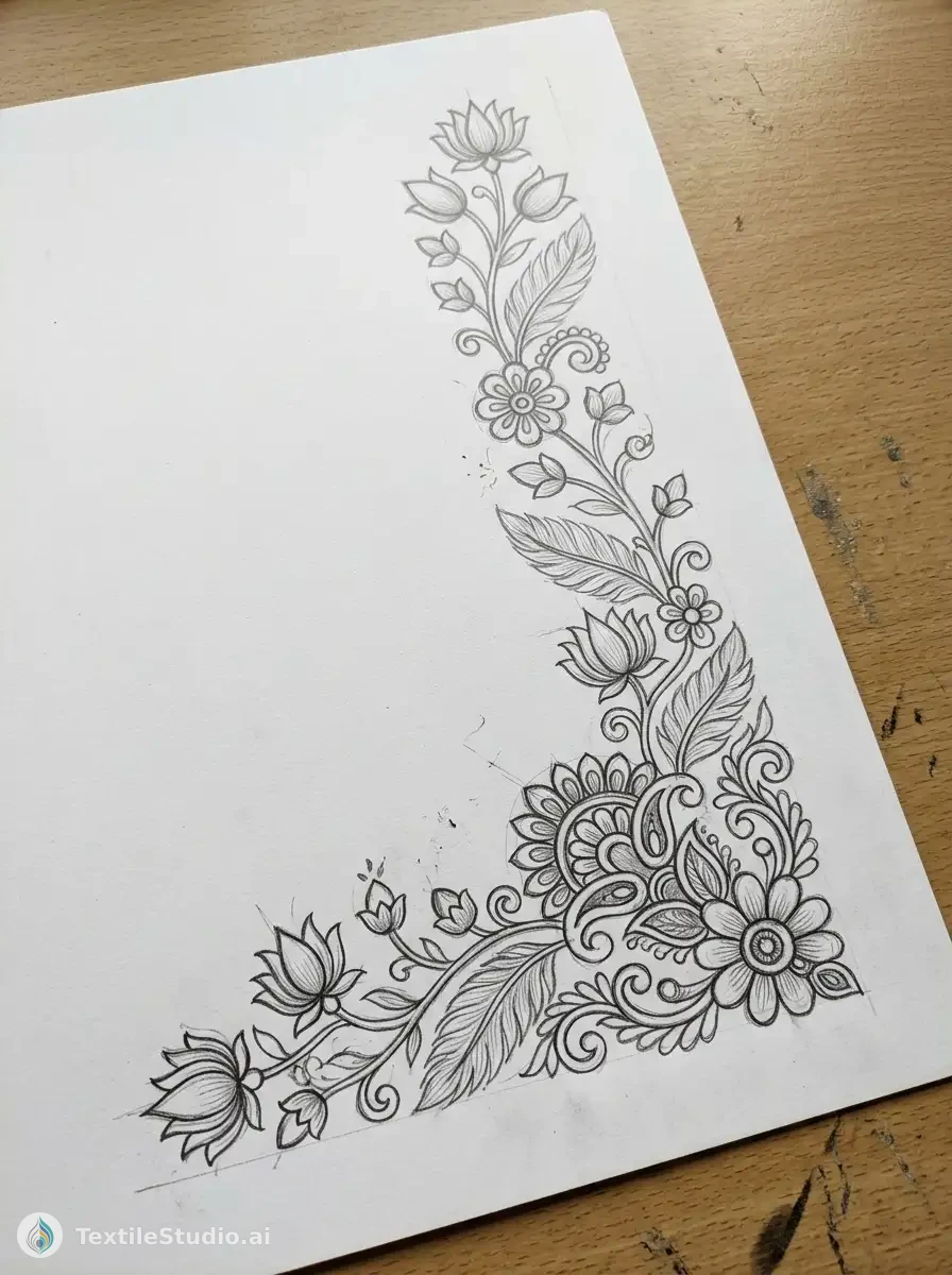 Velvet Dupatta with Floral Jari Dori Embroidery — The original sketch
