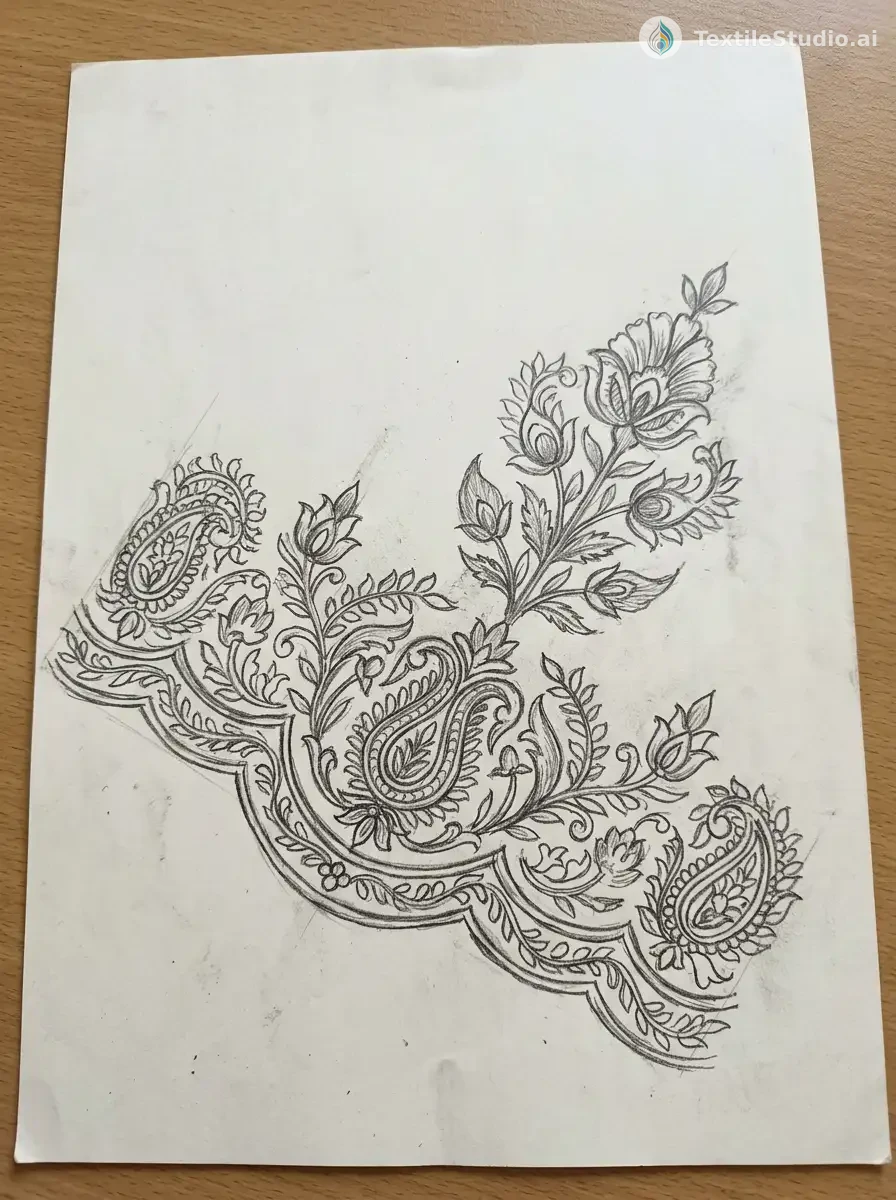 Crimson Kurta with Jari Dori and Pearl Florals — The original sketch