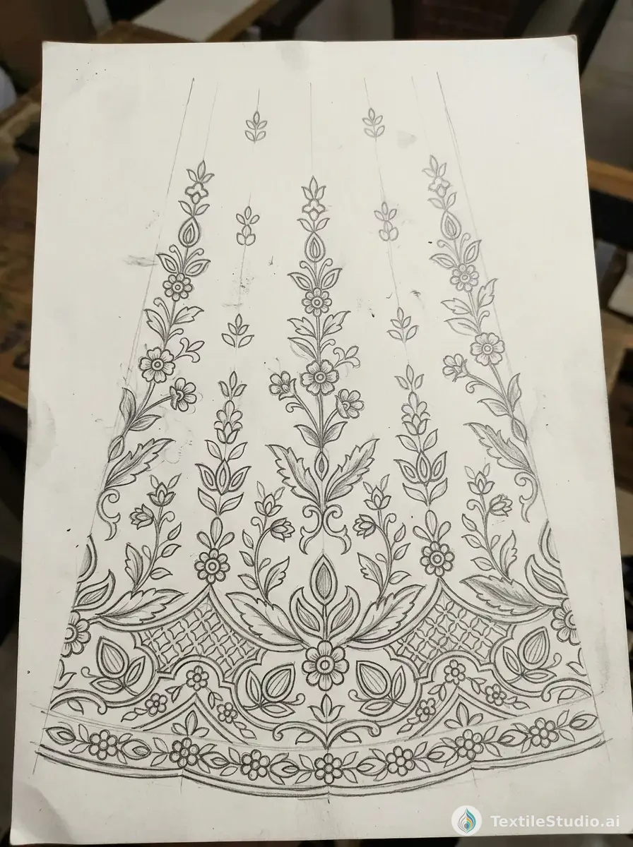Ivory Silk Lehenga with Floral Jari Dori Embroidery — The original sketch