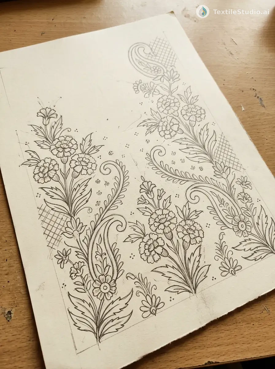 Velvet Saree with Gold Jari Dori Floral Embroidery — The original sketch