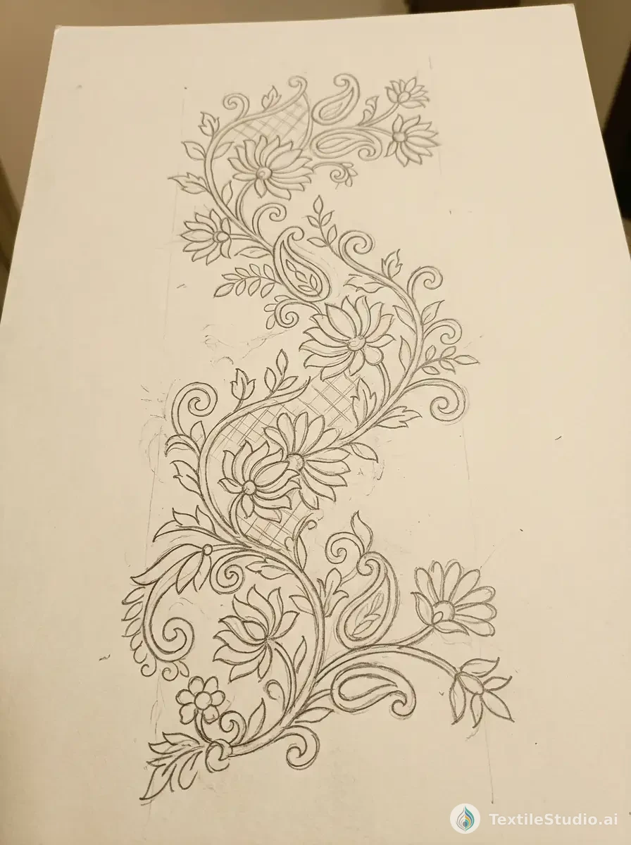 Black Cotton Kurta with Jari Dori Florals — The original sketch