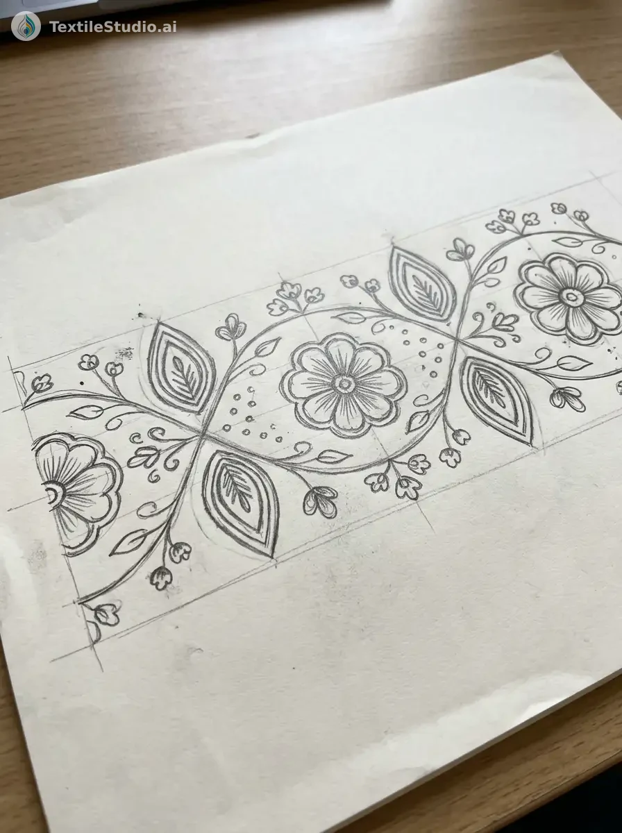 Navy Kurta with Jari Dori and Cut Dana Flowers — The original sketch