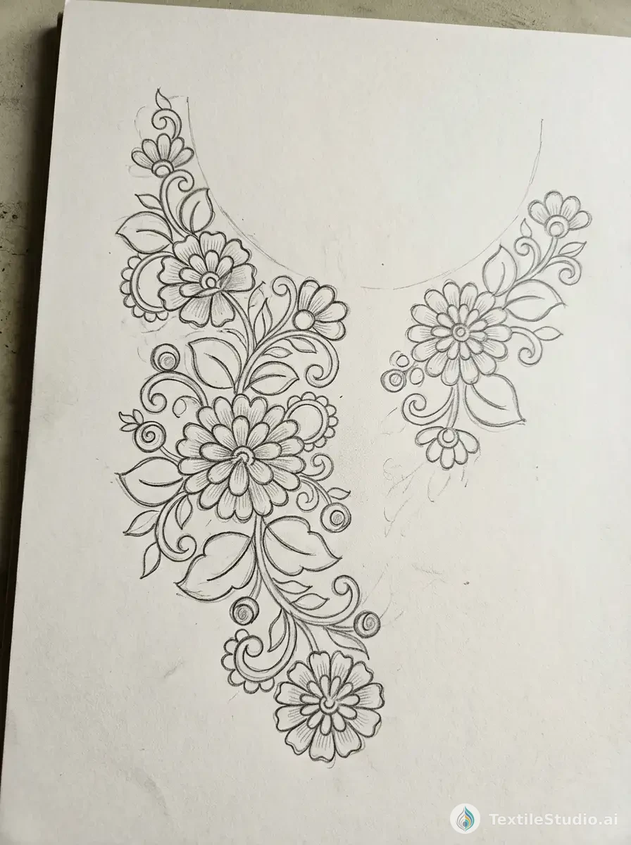 Lavender Kurta with Floral Jari Dori Embroidery — The original sketch