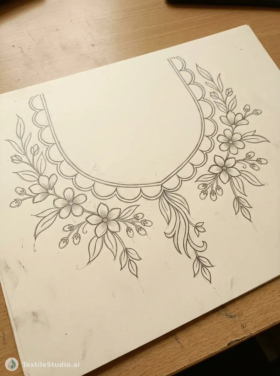 Lavender Velvet Kurta with Floral Jari Dori Embroidery — The original sketch