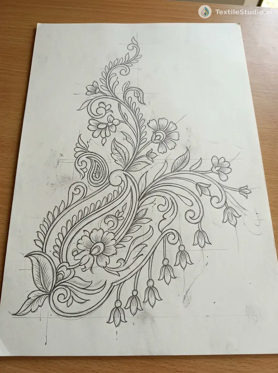 Crimson Silk Saree with Gold Jari Dori Embroidery — The original sketch