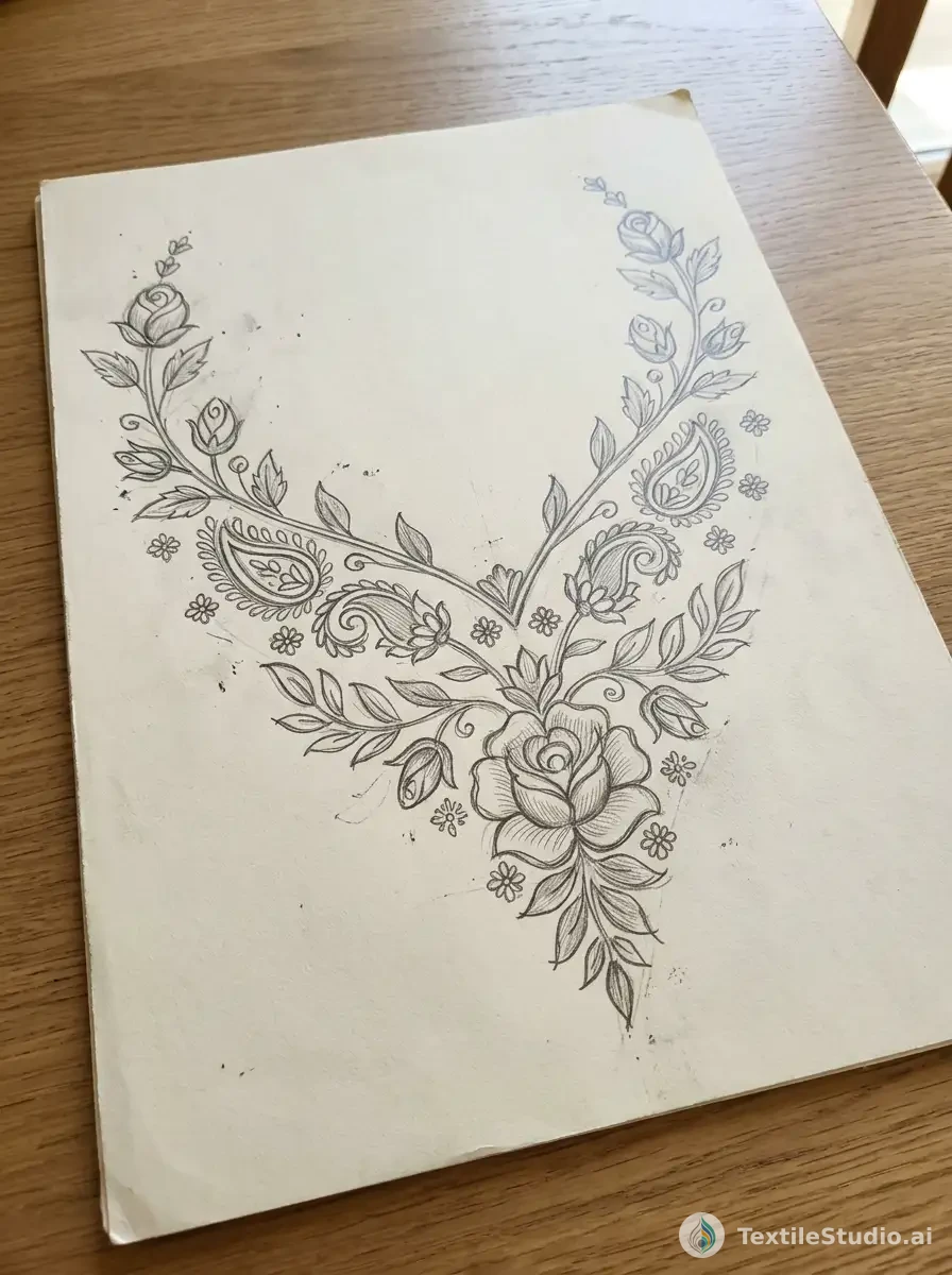 Velvet Kurta with Jari Dori and Floral Embroidery — The original sketch