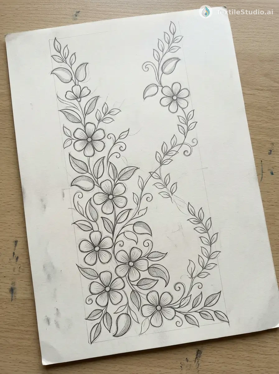 Crimson Kurti with Jari Dori Floral Embroidery — The original sketch