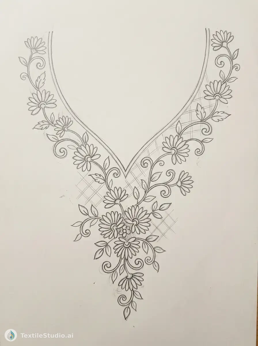 Crimson Kurta with Floral Silk Embroidery — The original sketch