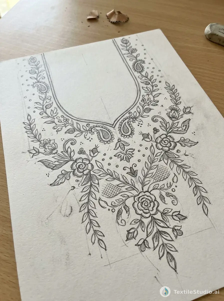 Cream Kurta with Floral Jari Dori Embroidery — The original sketch