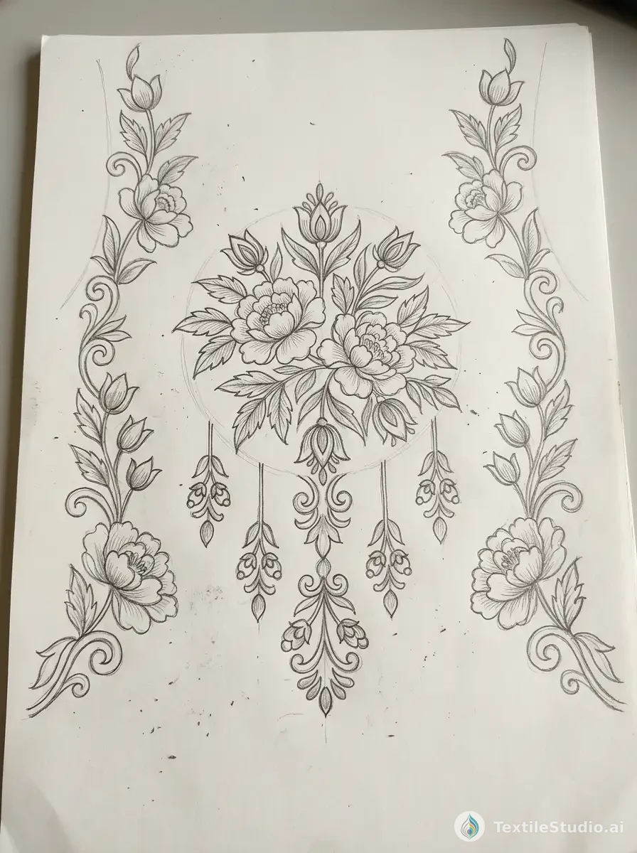 Navy Kurta with Floral Embroidery in Jari Dori — The original sketch