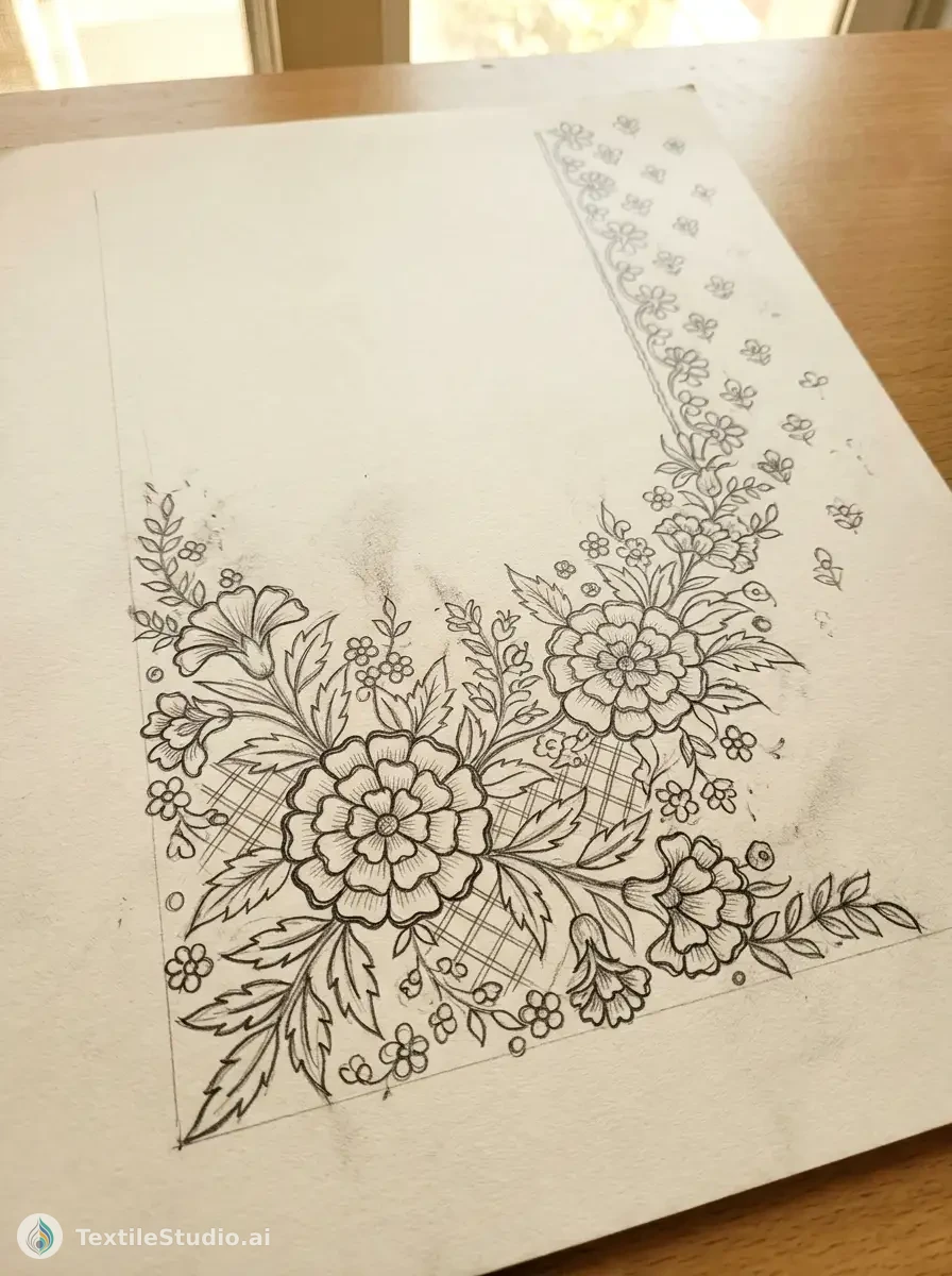 Lavender Velvet Suit with Floral Jari Dori Embroidery — The original sketch