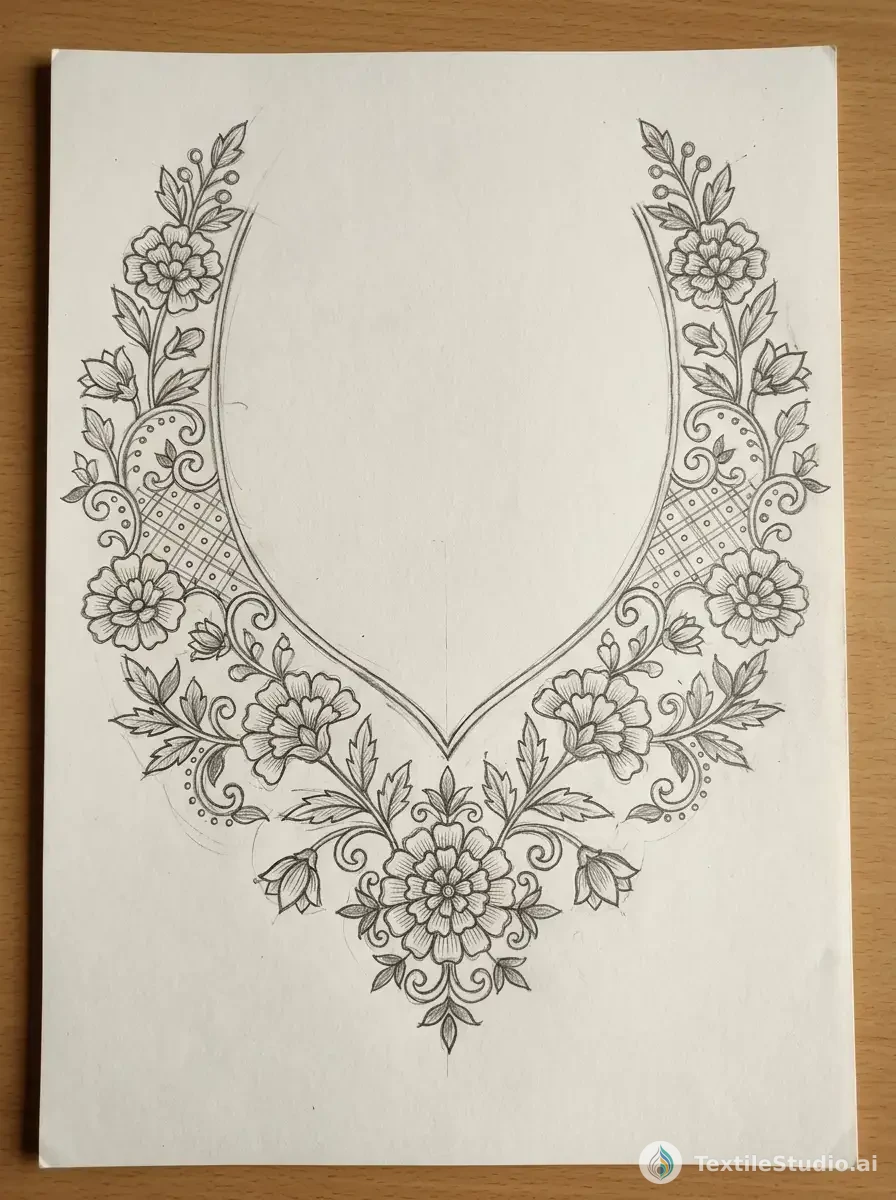 Black Velvet Gown with Jari Dori Floral Embroidery — The original sketch