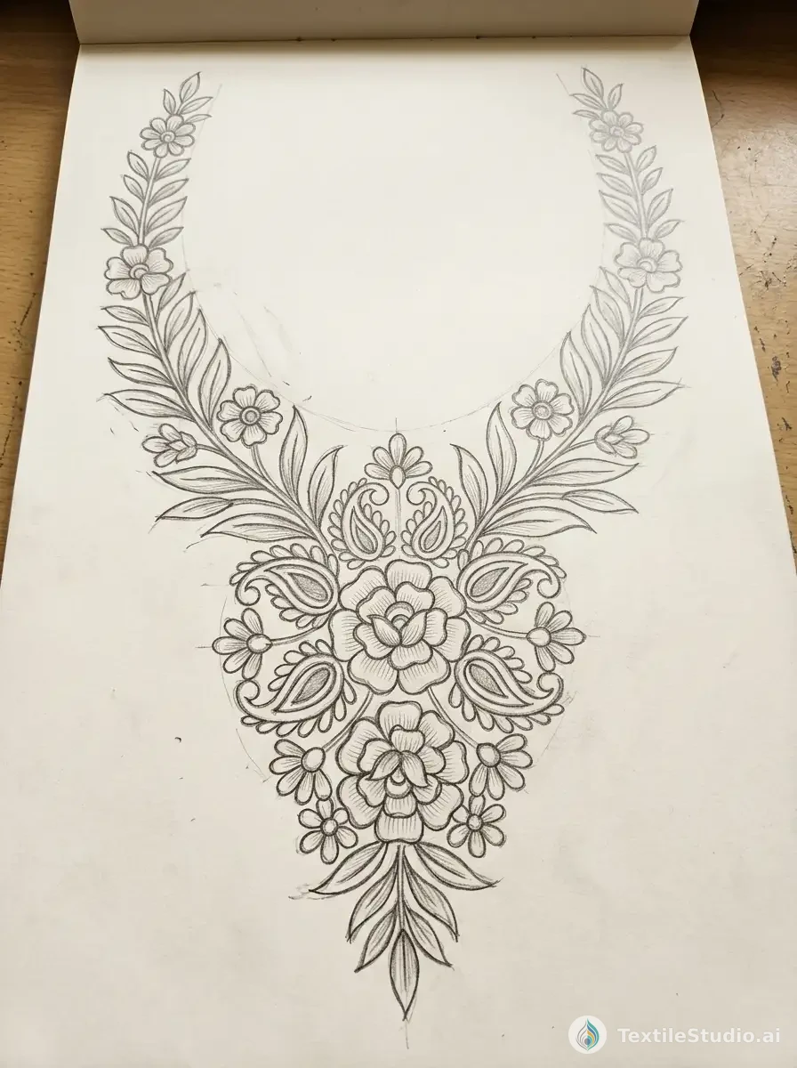 Velvet Gown with Jari Dori Floral Embroidery — The original sketch