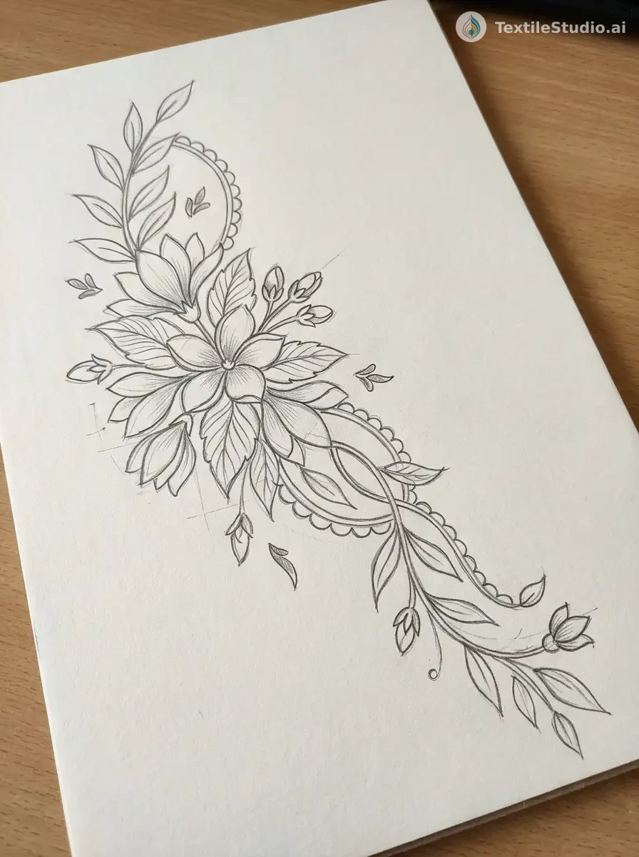 Ivory Saree with Jari Dori Floral Embroidery — The original sketch