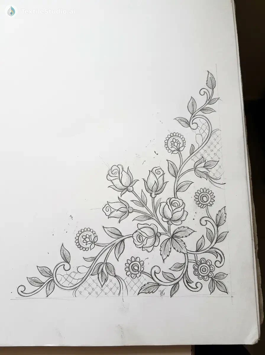 Indigo Kurta with Floral Pearl Thread Embroidery — The original sketch