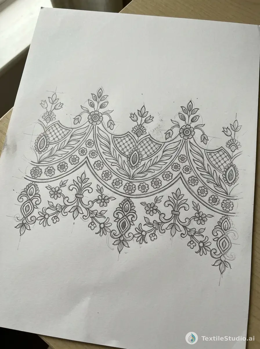 Emerald Velvet Suit with Jari Dori and Pearl Embroidery — The original sketch