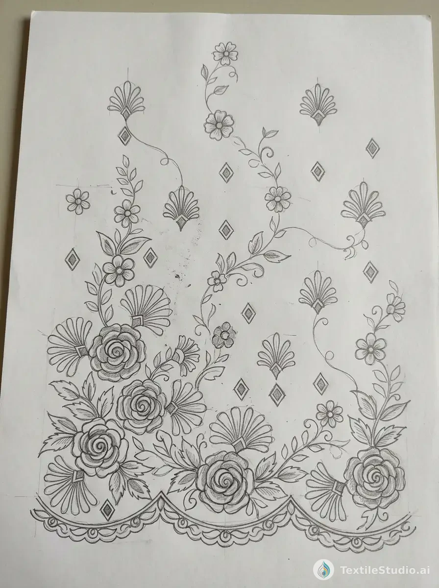 Crimson Silk Saree with Jari Dori Floral Embroidery — The original sketch