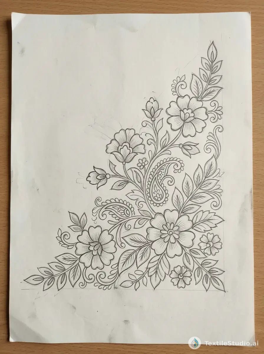 Green Cotton Suit with Jari Dori Cross-Stitch Florals — The original sketch