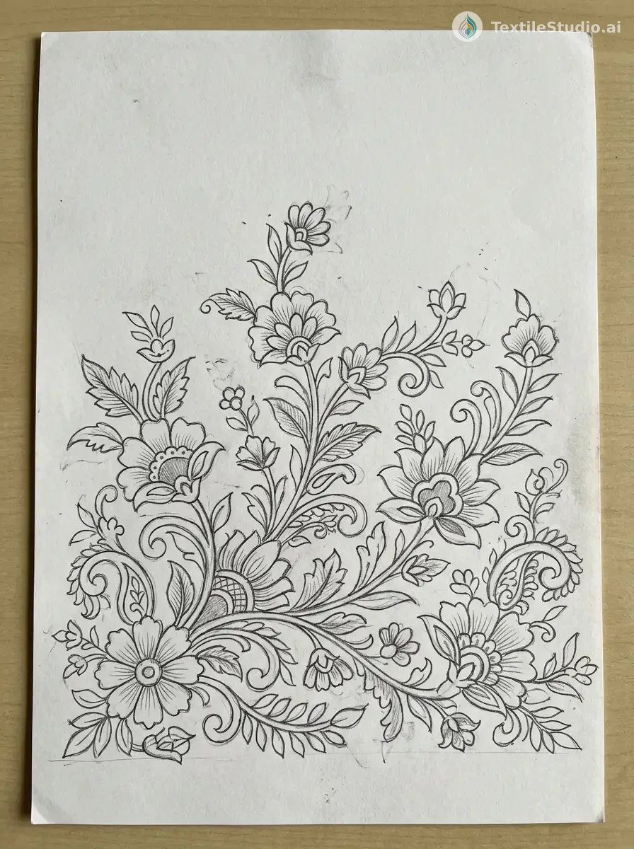 Ivory Dupatta with Floral Velvet Embroidery — The original sketch