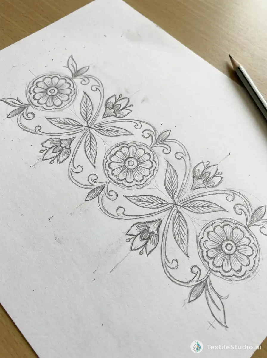 Crimson Silk Saree with Gilded Jari Dori Borders — The original sketch