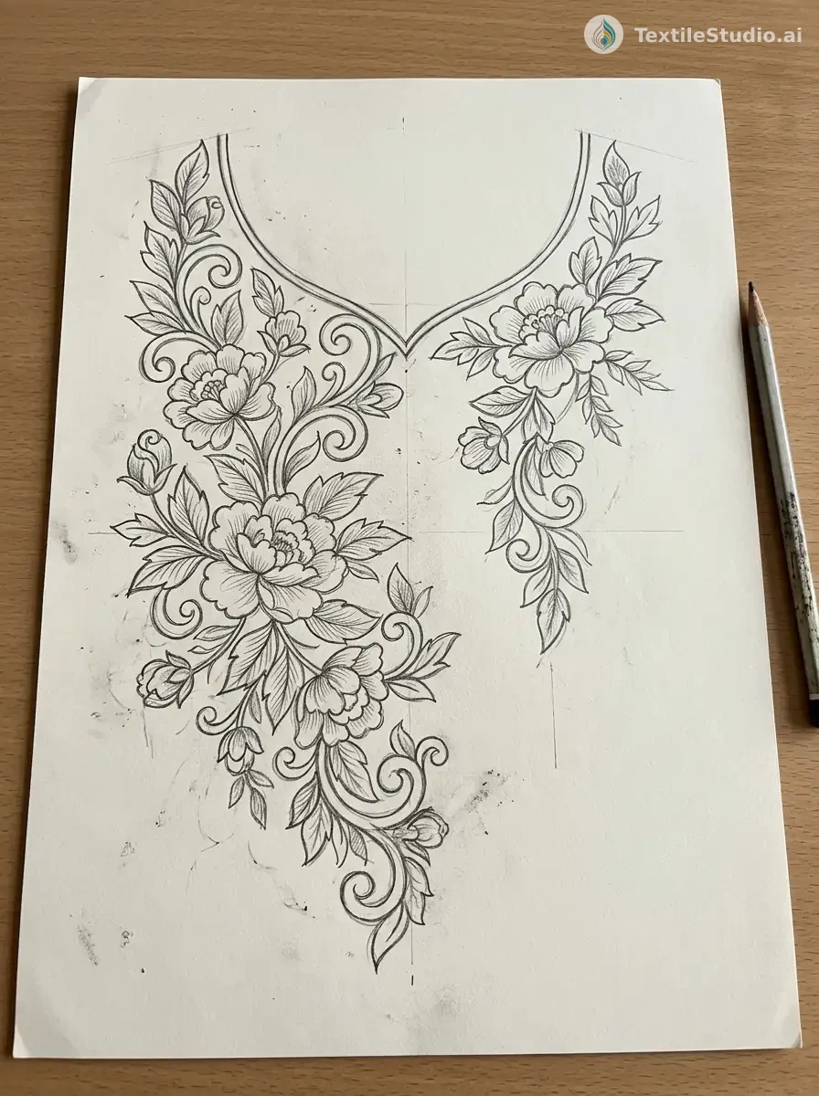 Emerald Velvet Kurti with Floral Thread Embroidery — The original sketch