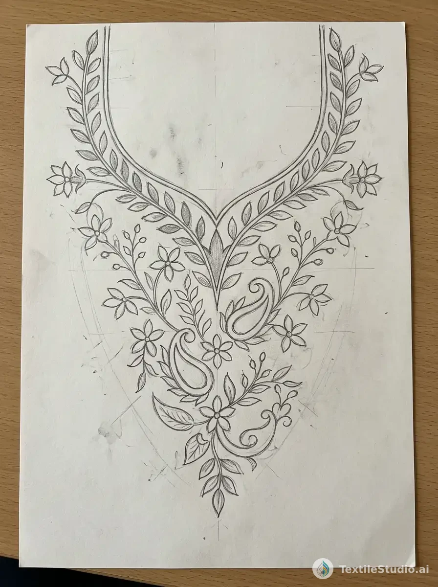Black Kurti with Floral Jari Dori Embroidery — The original sketch